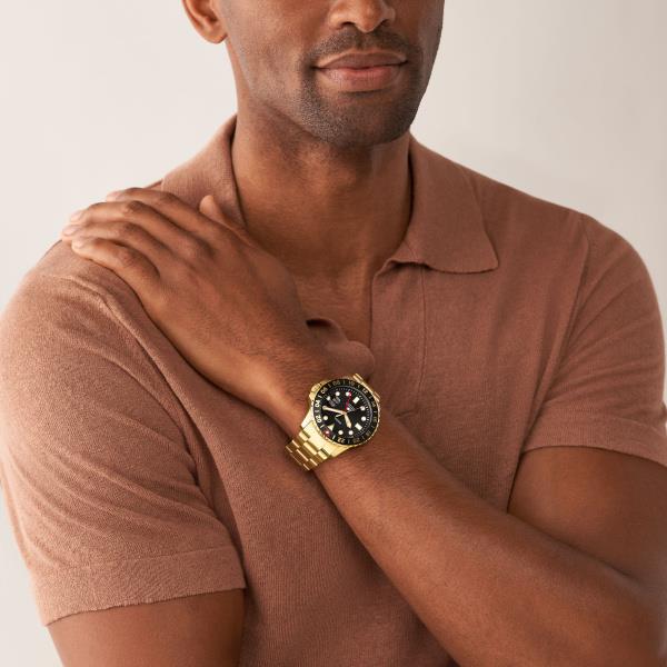 Fossil Blue GMT Gold-Tone Stainless Steel Bracelet Black Dial Men's Watch FS5990