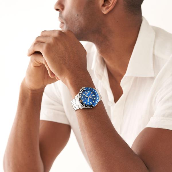 Fossil Blue GMT Silver Stainless Steel Bracelet Blue Dial Men's Watch FS5991