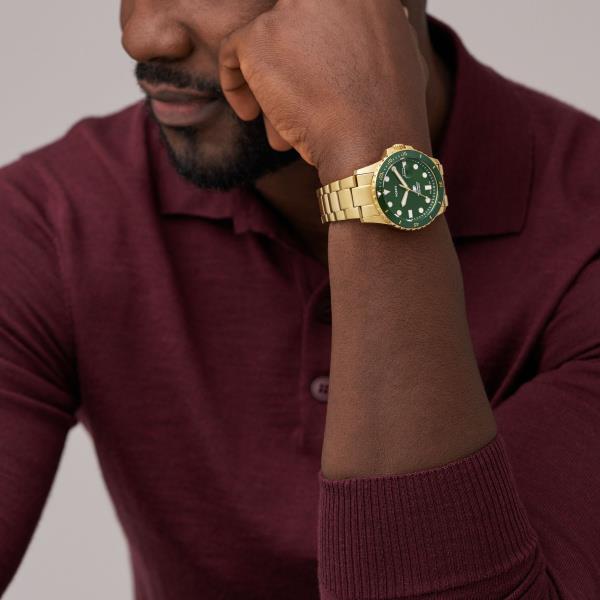 Fossil Green Dial Gold-Tone Stainless Steel Bracelet Men's Watch FS6030