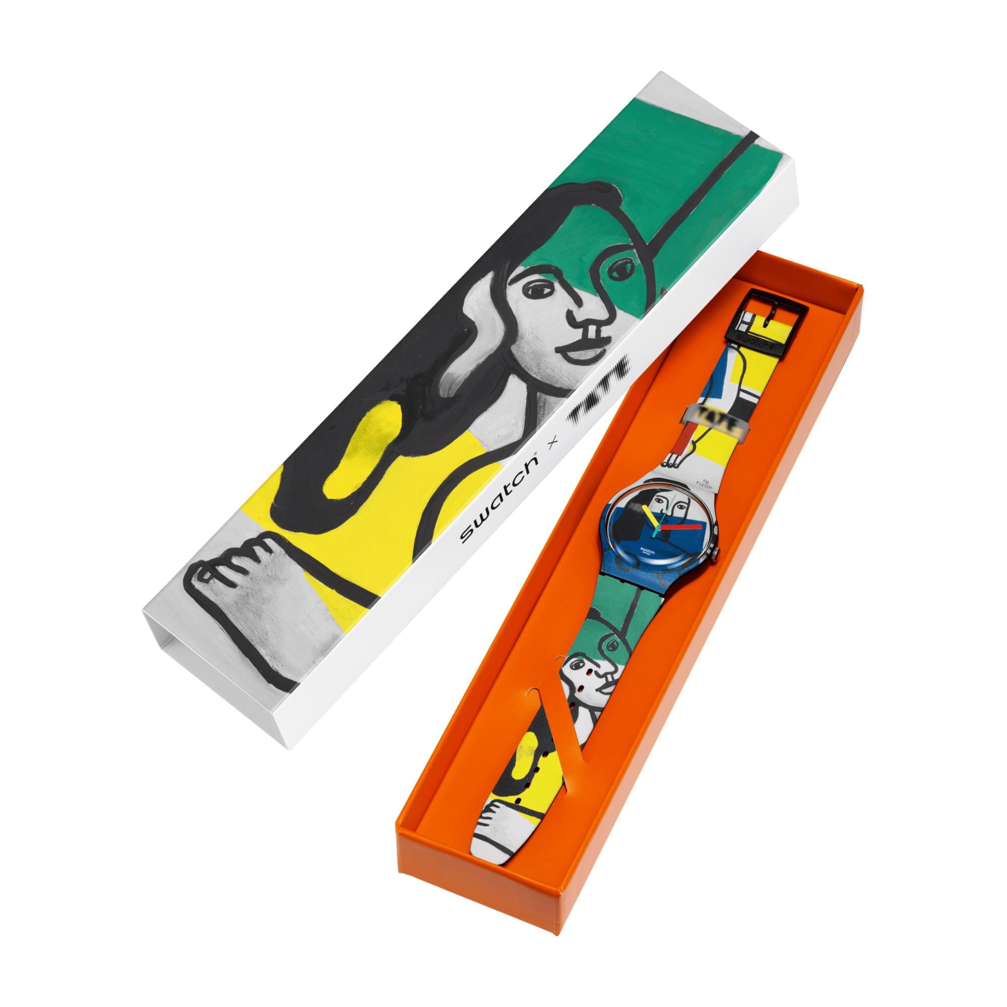 Swatch Leger's Two Women Holding Flowers Silicone Strap Unisex Watch SUOZ363C