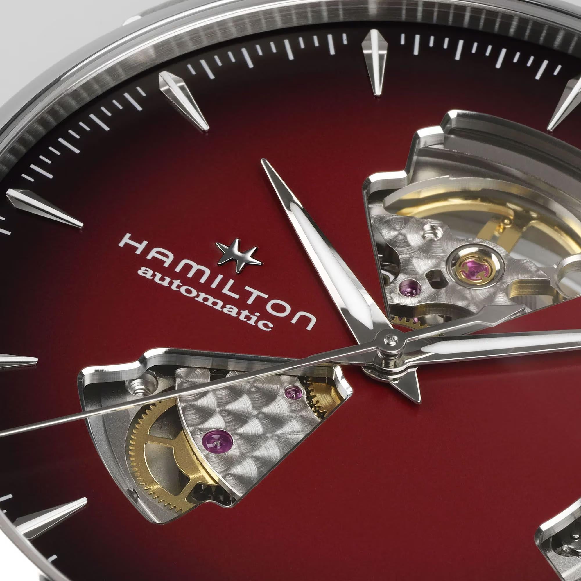 Hamilton Jazzmaster Open Heart Auto Burgundy Dial Stainless Steel Bracelet Men's Watch H32675170