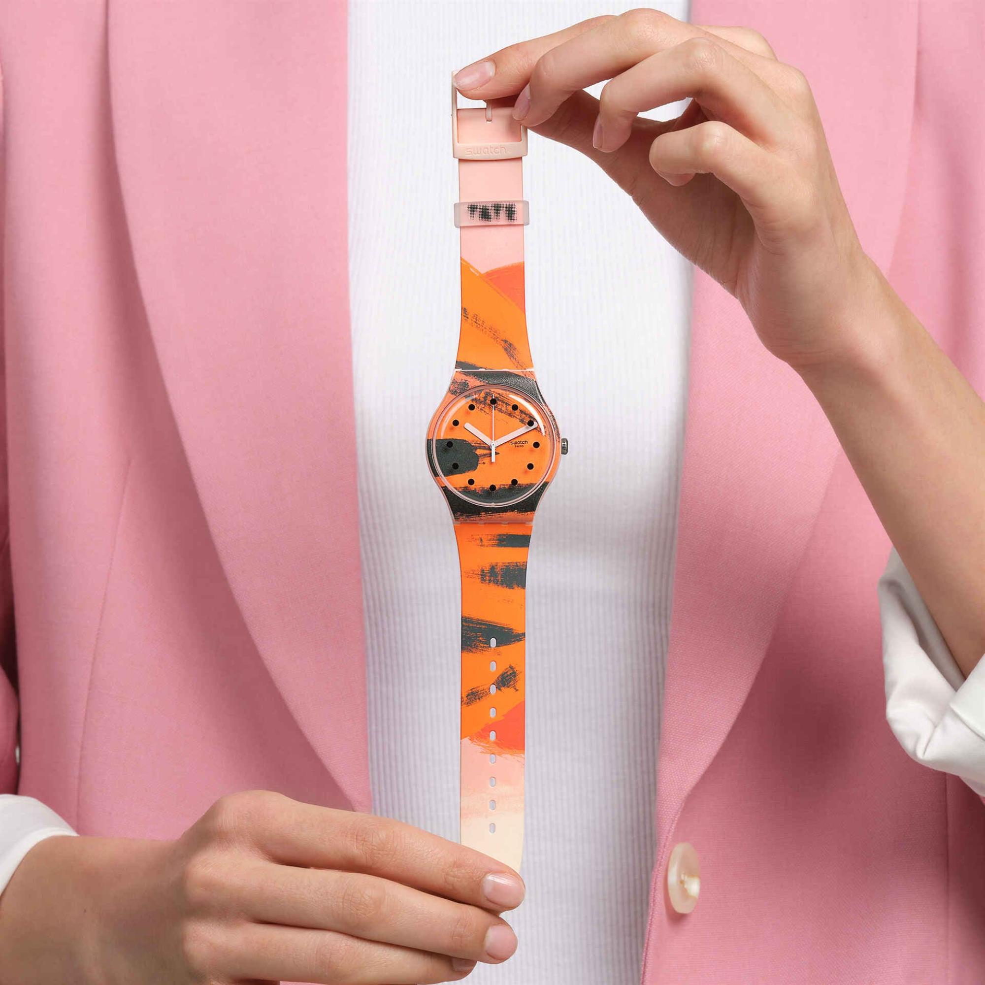 Swatch Barns-Graham's Orange and Red on Pink Silicone Strap Watch SUOZ362C