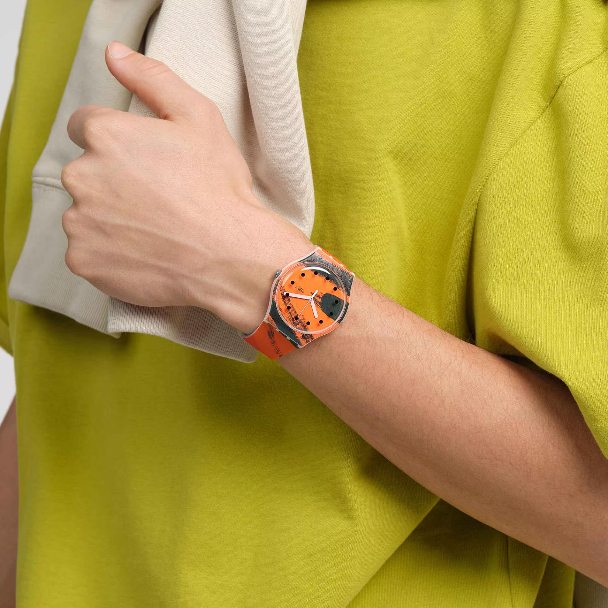 Swatch Barns-Graham's Orange and Red on Pink Silicone Strap Watch SUOZ362C