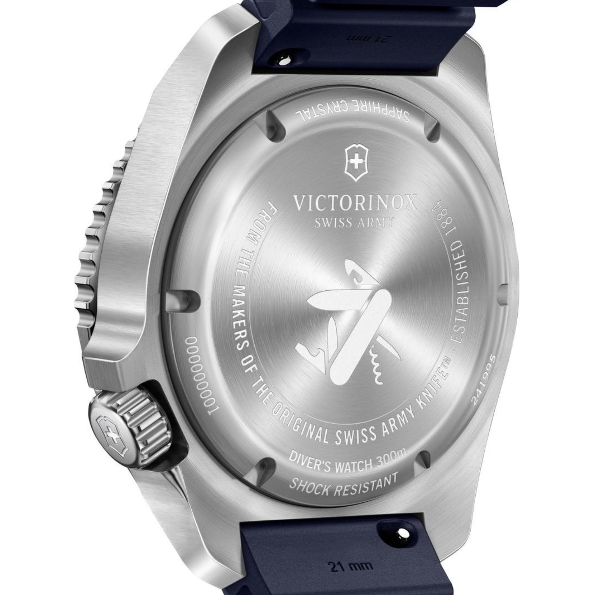 Victorinox Dive Pro 241995 stainless steel case-back with engravings including Swiss Army branding and 300m water resistance close-up