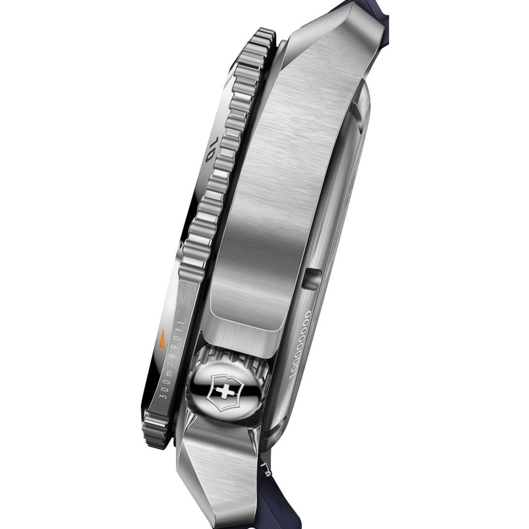 Close-up side profile of Victorinox Dive Pro 241995 highlighting the rotating bezel, case thickness and screw-down crown