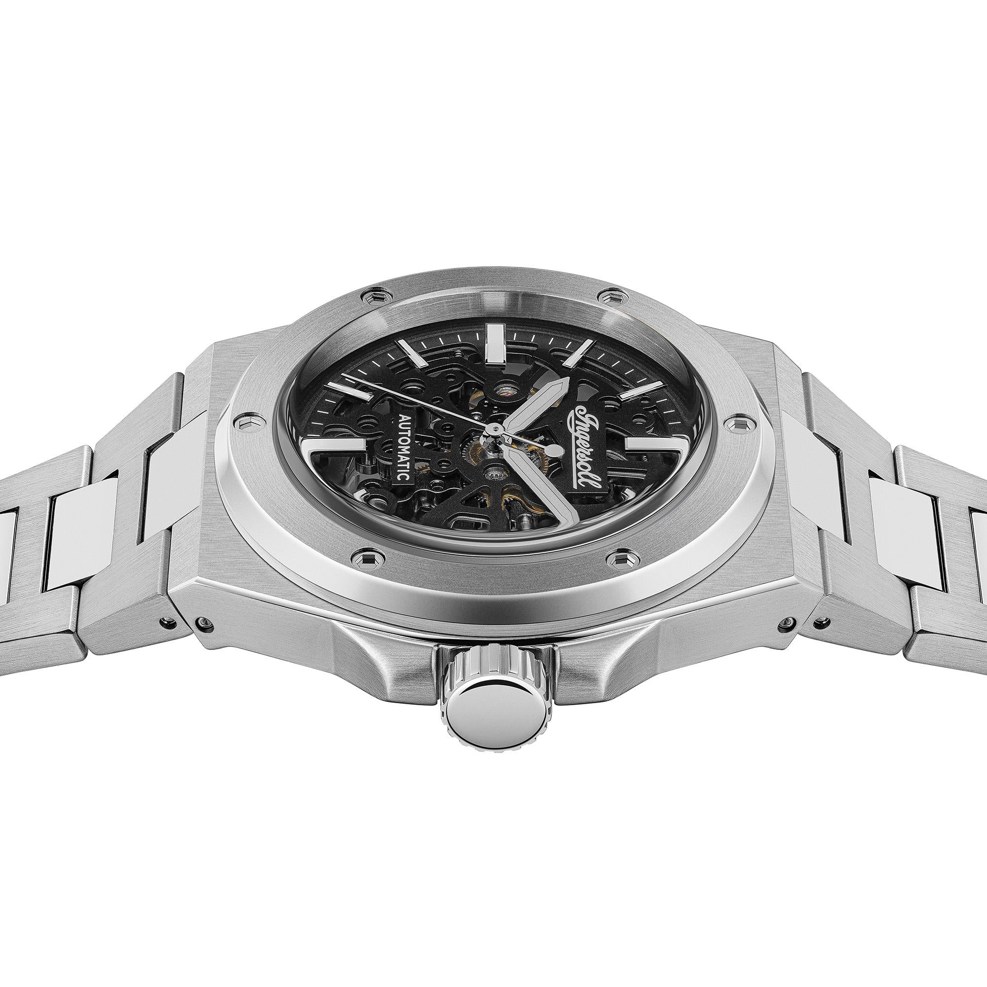 Ingersoll 1892 The Baller Automatic Men's Watch with Black Skeleton Dial and Silver Stainless Steel Bracelet - I15002