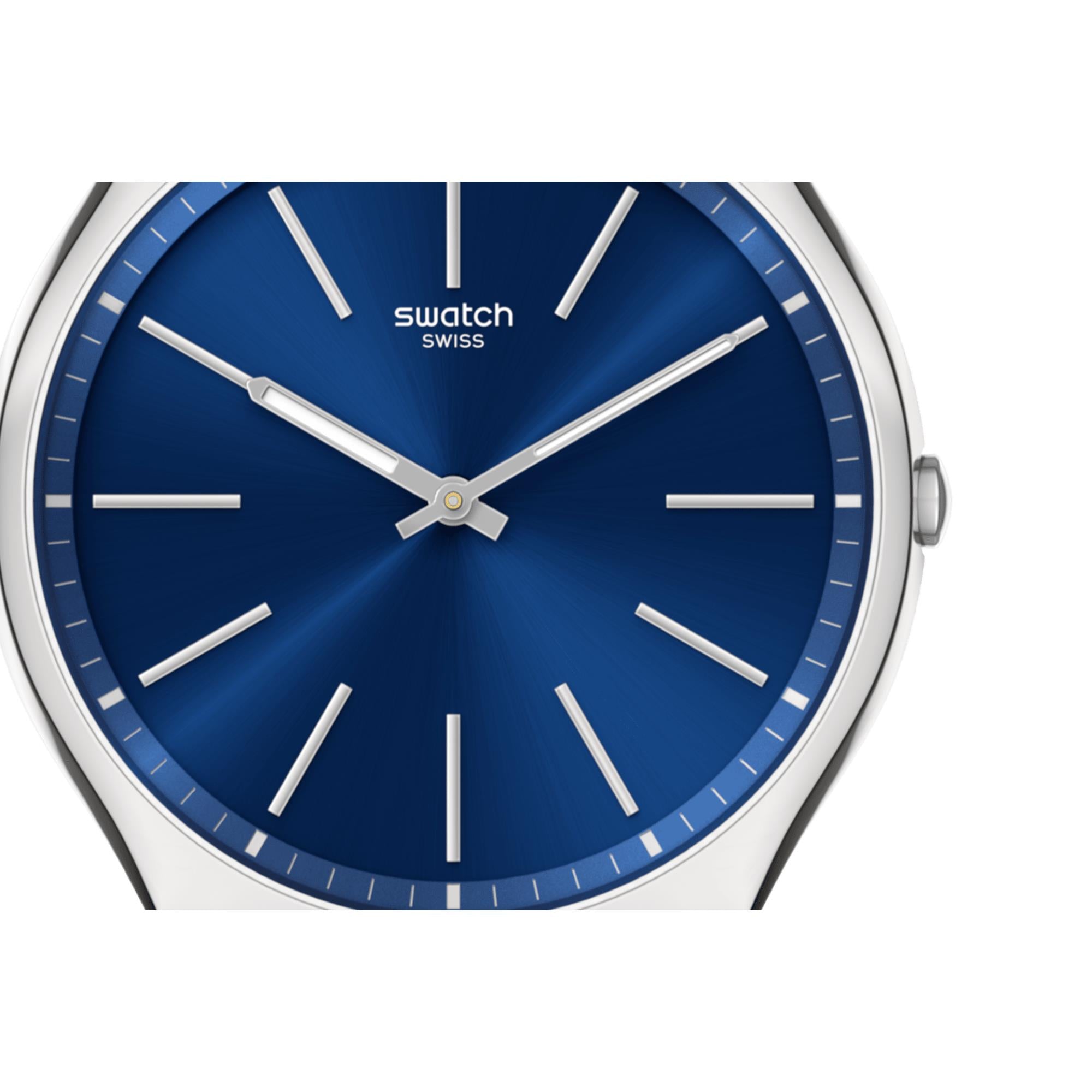 Swatch Formal Blue Dial Stainless Steel Case Black Rubber Strap Quartz Watch SS07S125