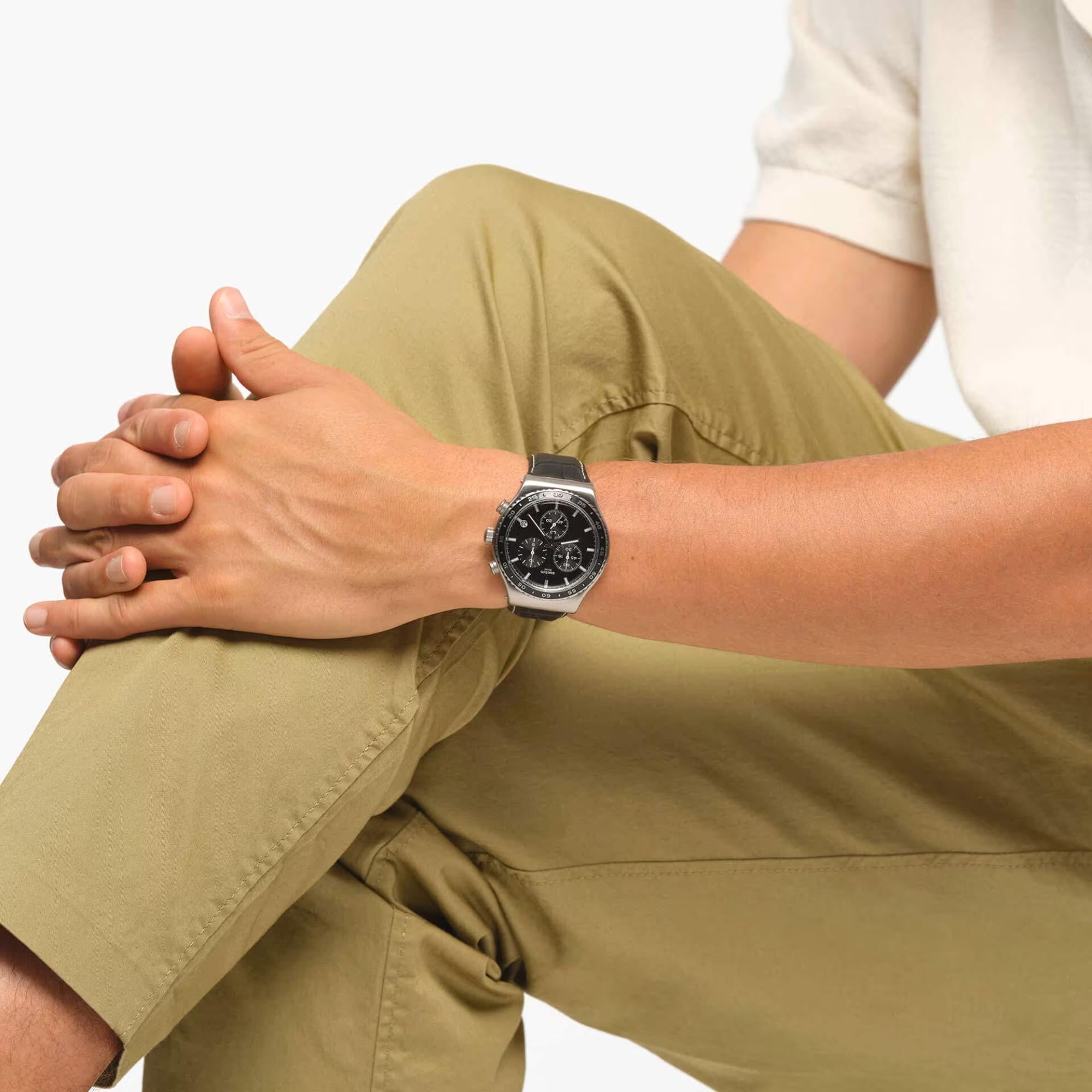 Swatch Irony Chrono Black Dial Leather Strap Men's Watch YVS495