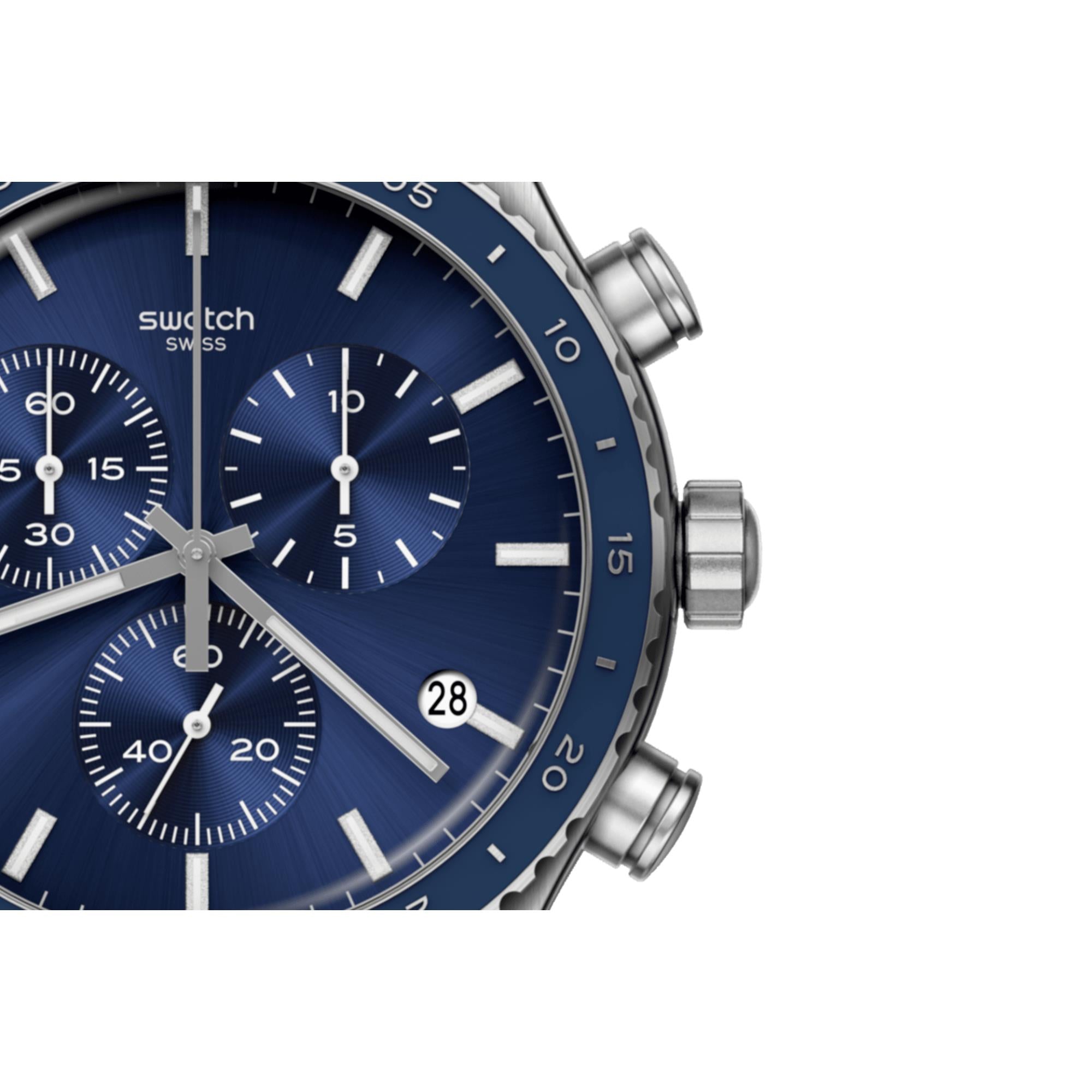 Swatch Cobalt Lagoon Chronograph Quartz Blue Dial Black Leather Strap Unisex Watch YVS496