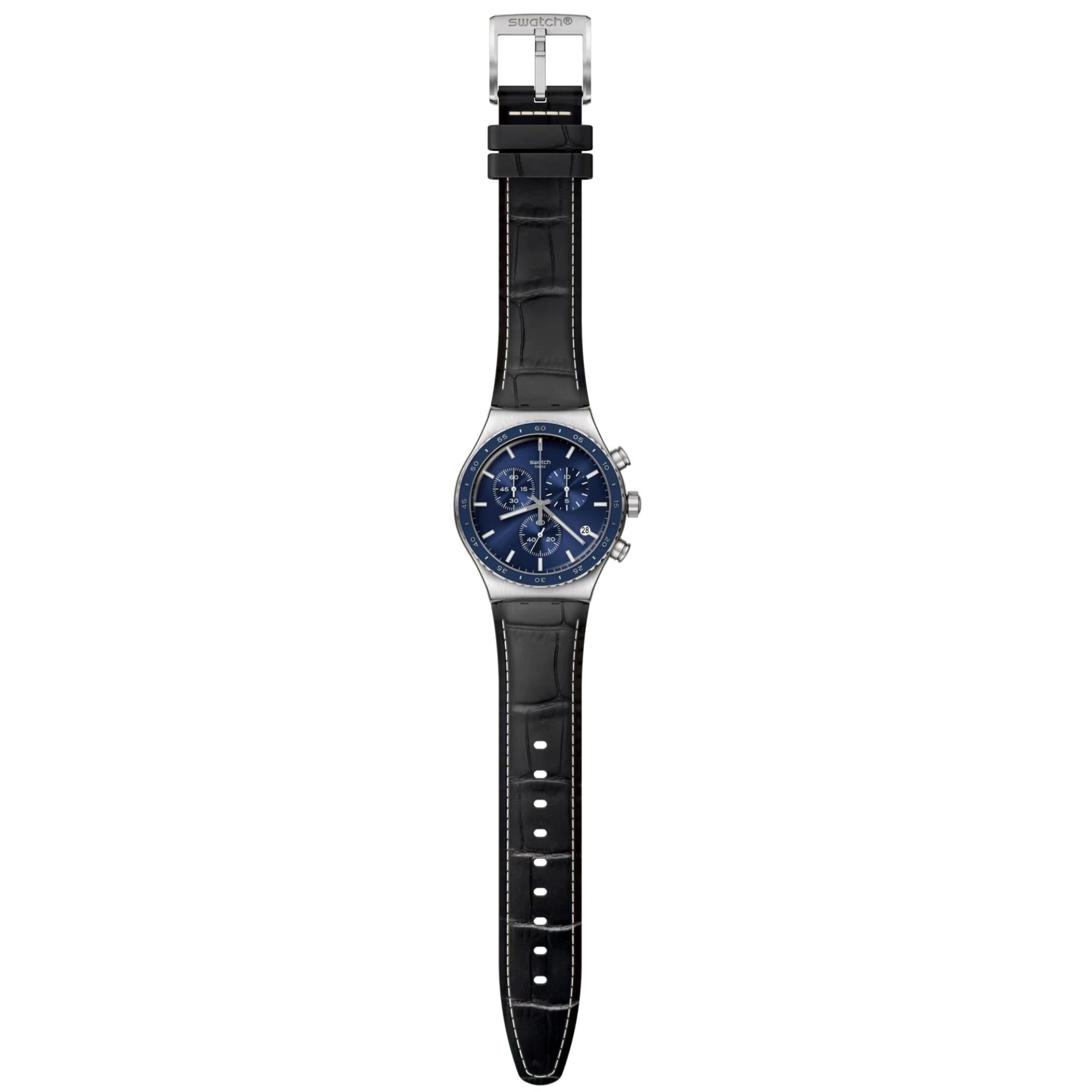 Swatch Cobalt Lagoon Chronograph Quartz Blue Dial Black Leather Strap Unisex Watch YVS496