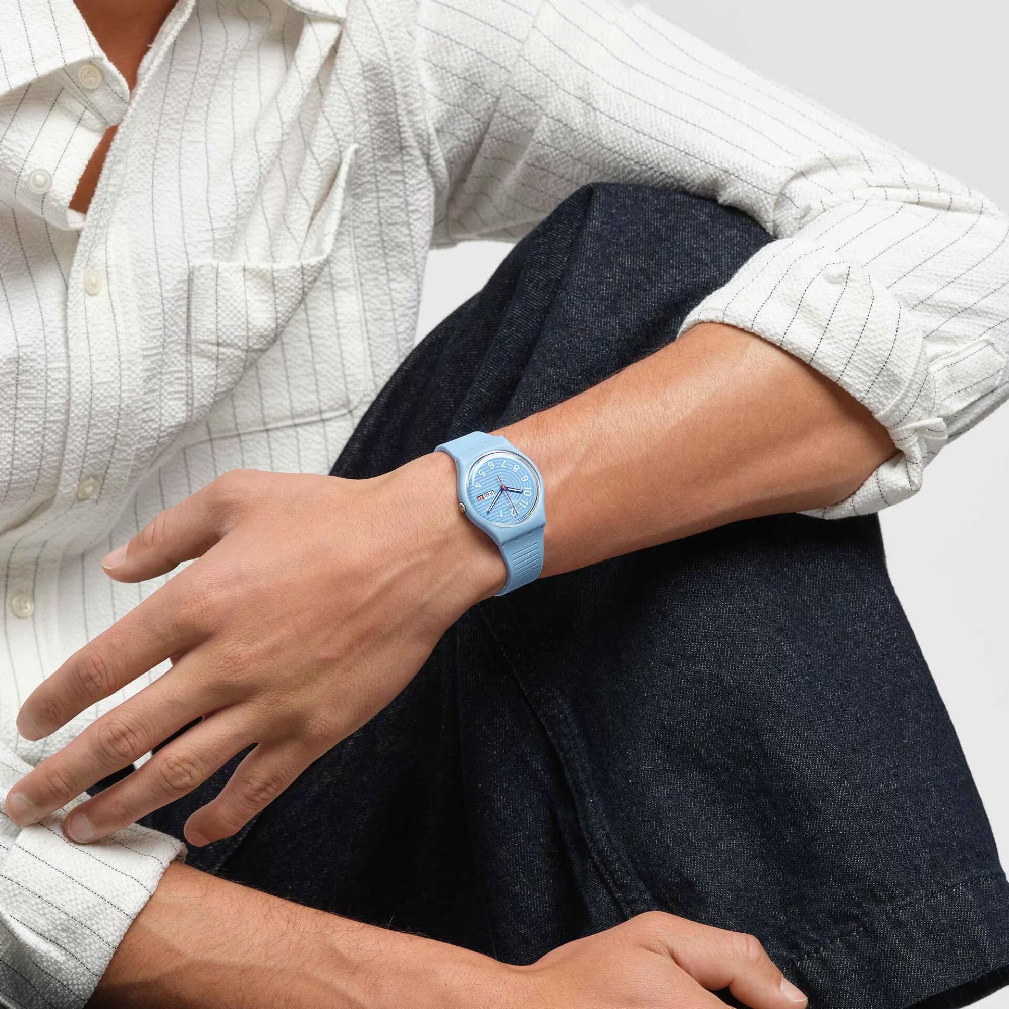 Swatch Trendy Lines in the Sky Light Blue Dial Silicone Strap Unisex Watch SO28S704
