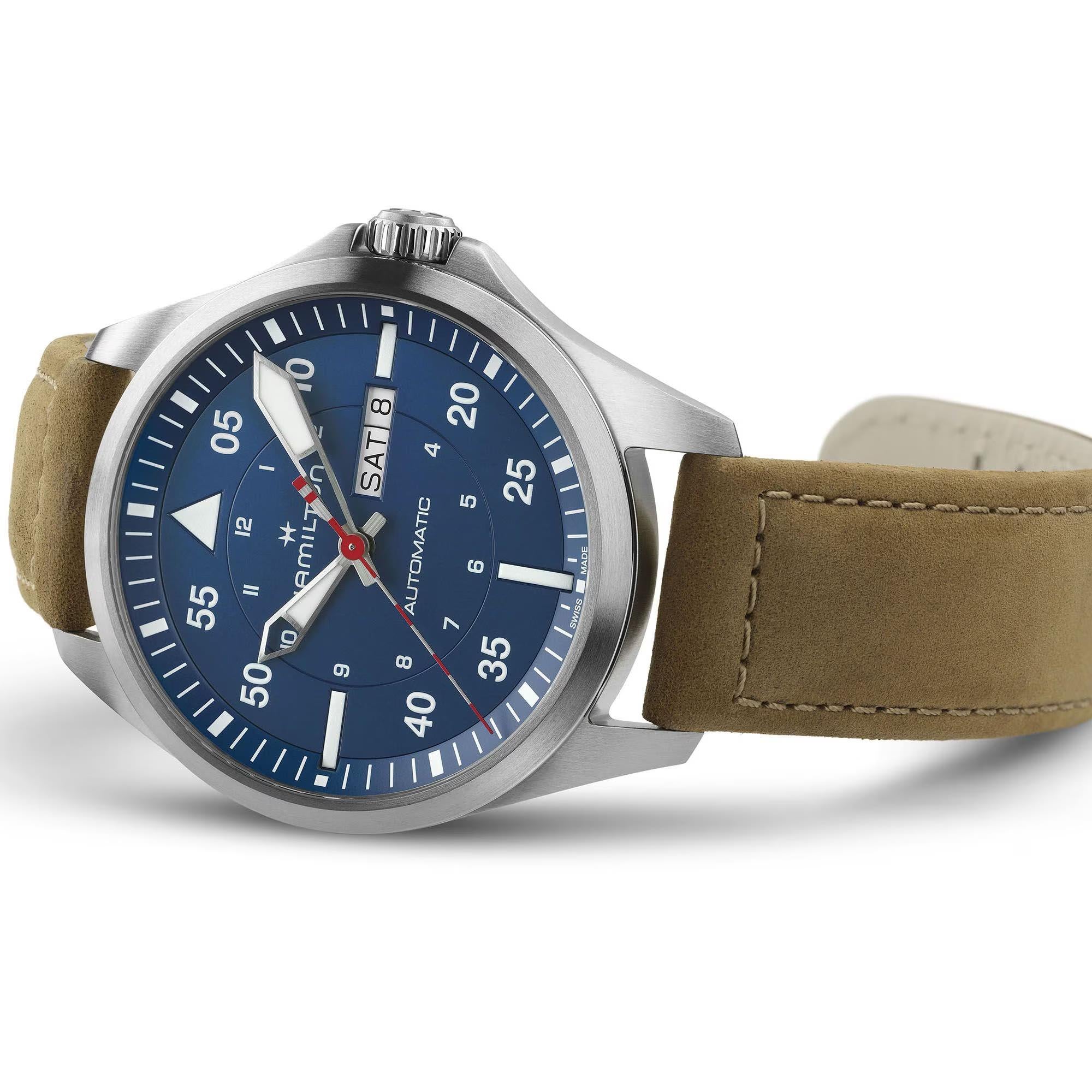 Hamilton Khaki Aviation Pilot Air-Glaciers Day Date Blue Dial Velcro Strap Men's Watch H64655941