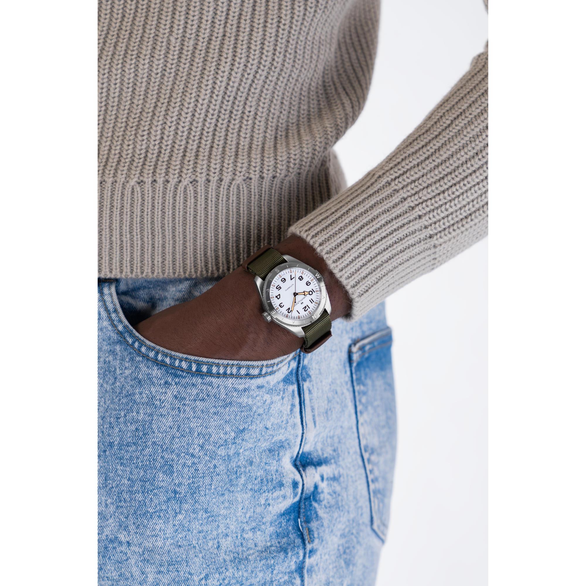 Hamilton Khaki Field Expedition Automatic White Dial Green NATO Strap Watch H70315910