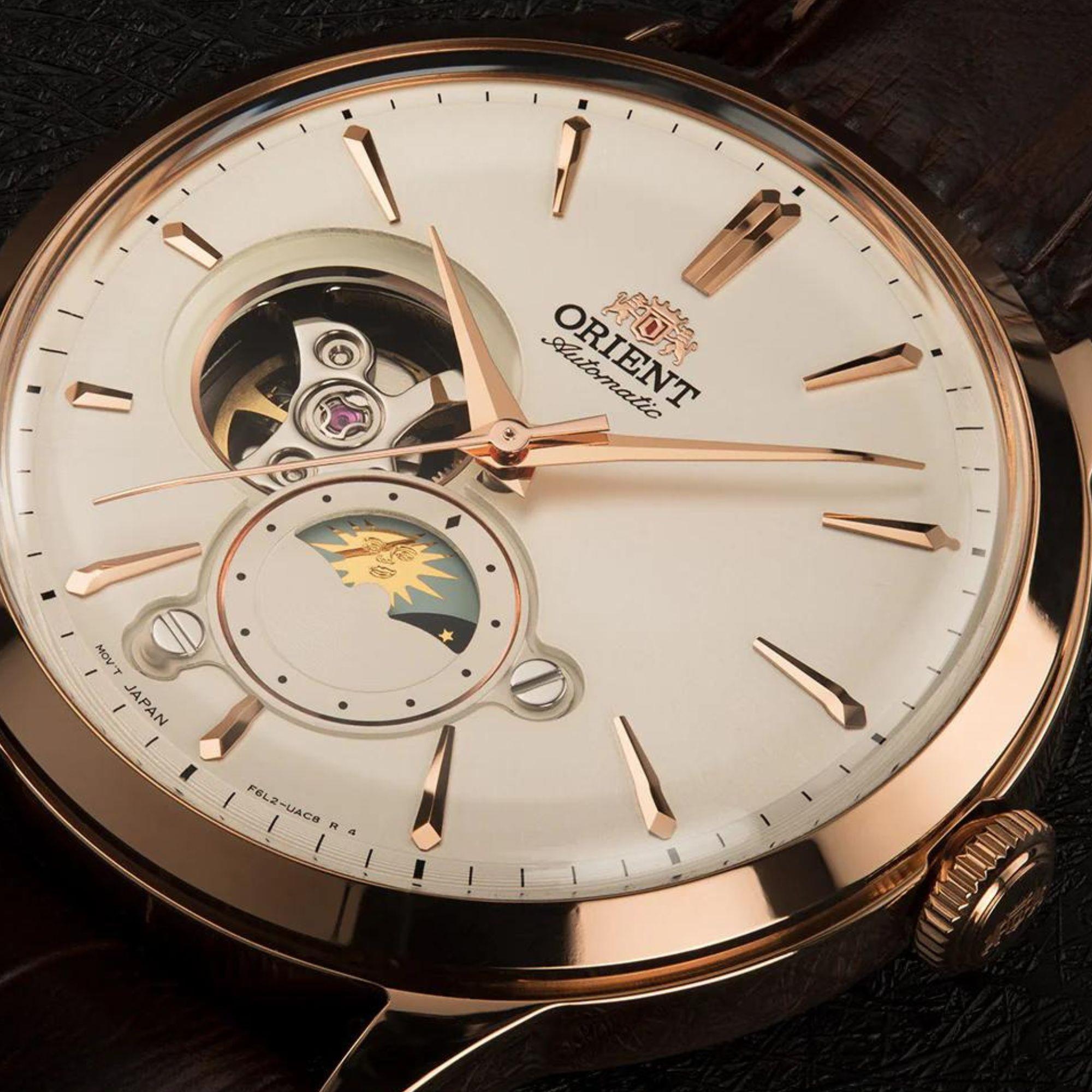 Orient Sun & Moon Phase Automatic White Dial Leather Strap Men’s Watch RA-AS0102S10B