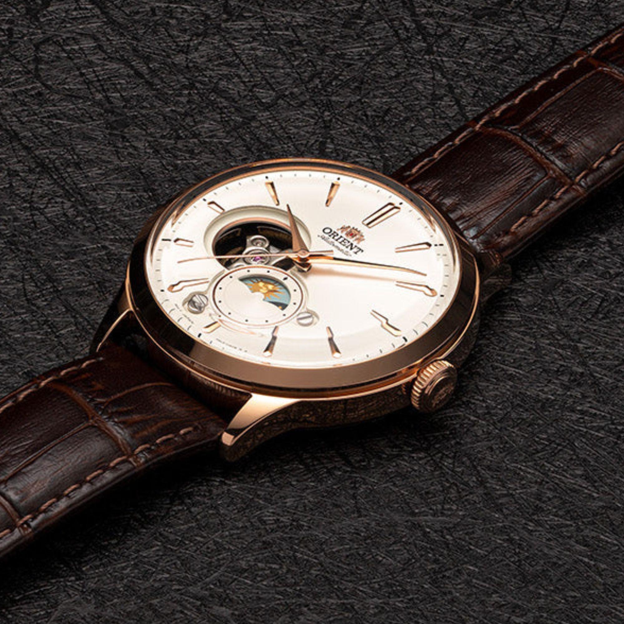 Orient Sun & Moon Phase Automatic White Dial Leather Strap Men’s Watch RA-AS0102S10B