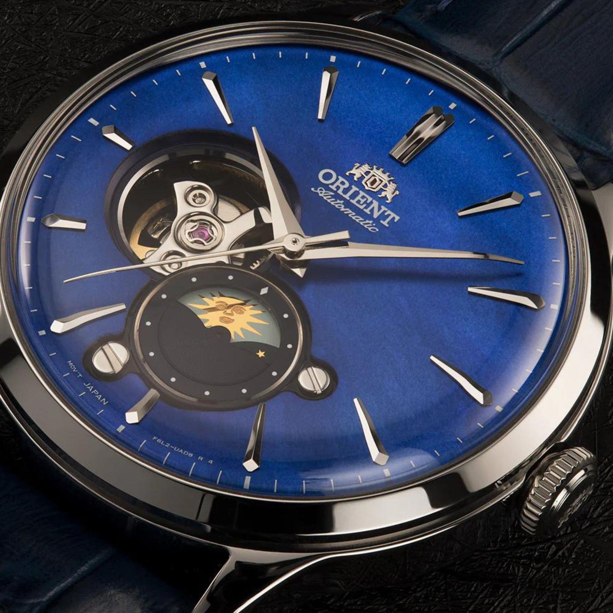 Orient Sun & Moon 41.5mm Blue Dial Leather Mens Automatic Watch RA-AS0103A30B