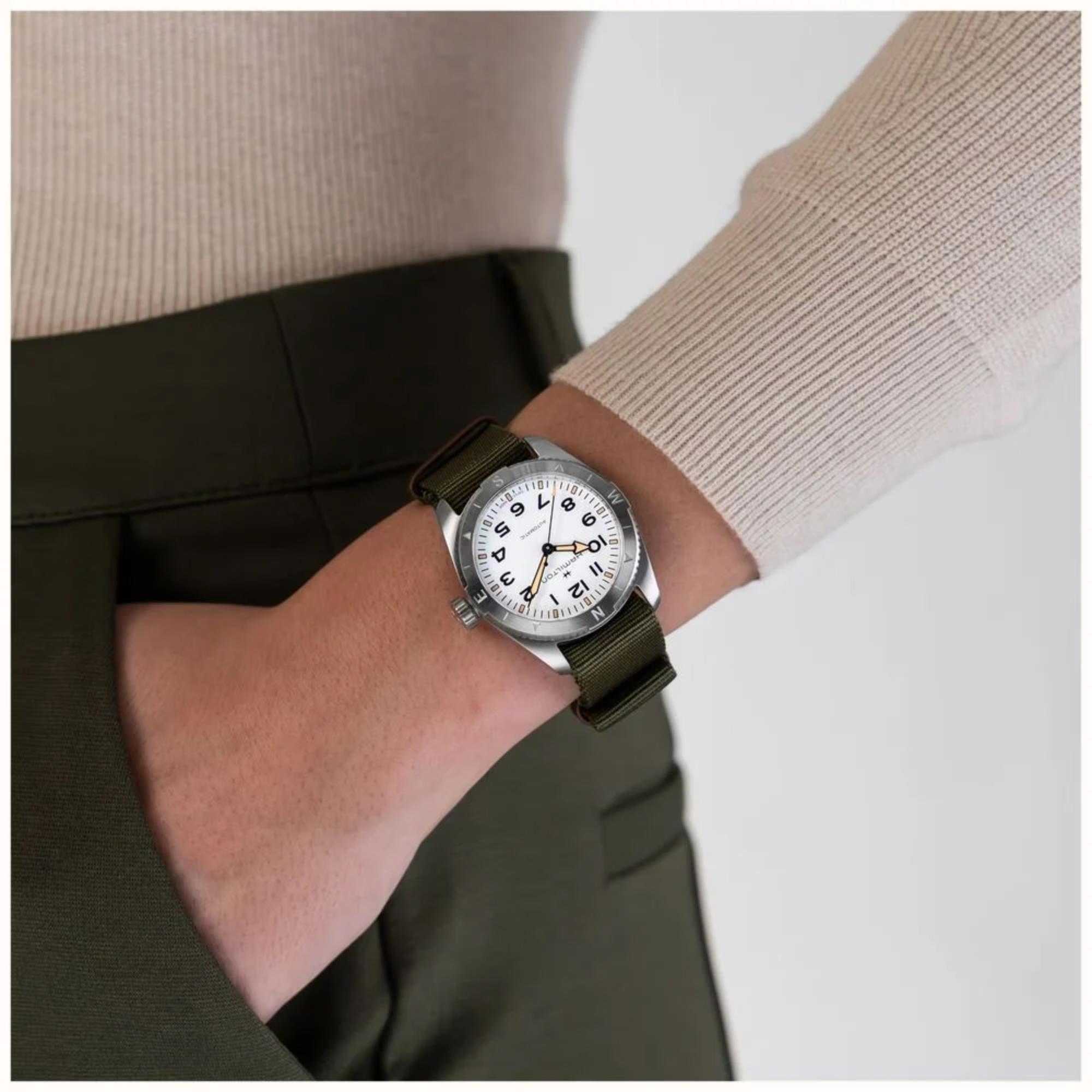 Hamilton Khaki Field Expedition Automatic White Dial Green NATO Strap Women's Watch H70225910