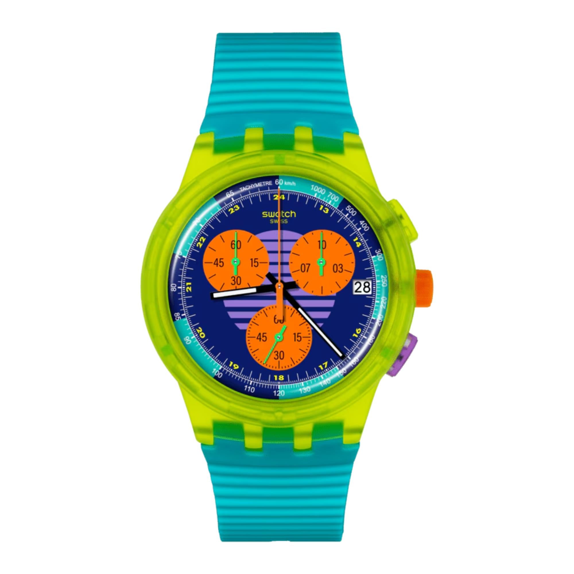 Swatch Neon Wave Multi-coloured Dial Chronograph Turquoise Silicone Strap Watch SUSJ404