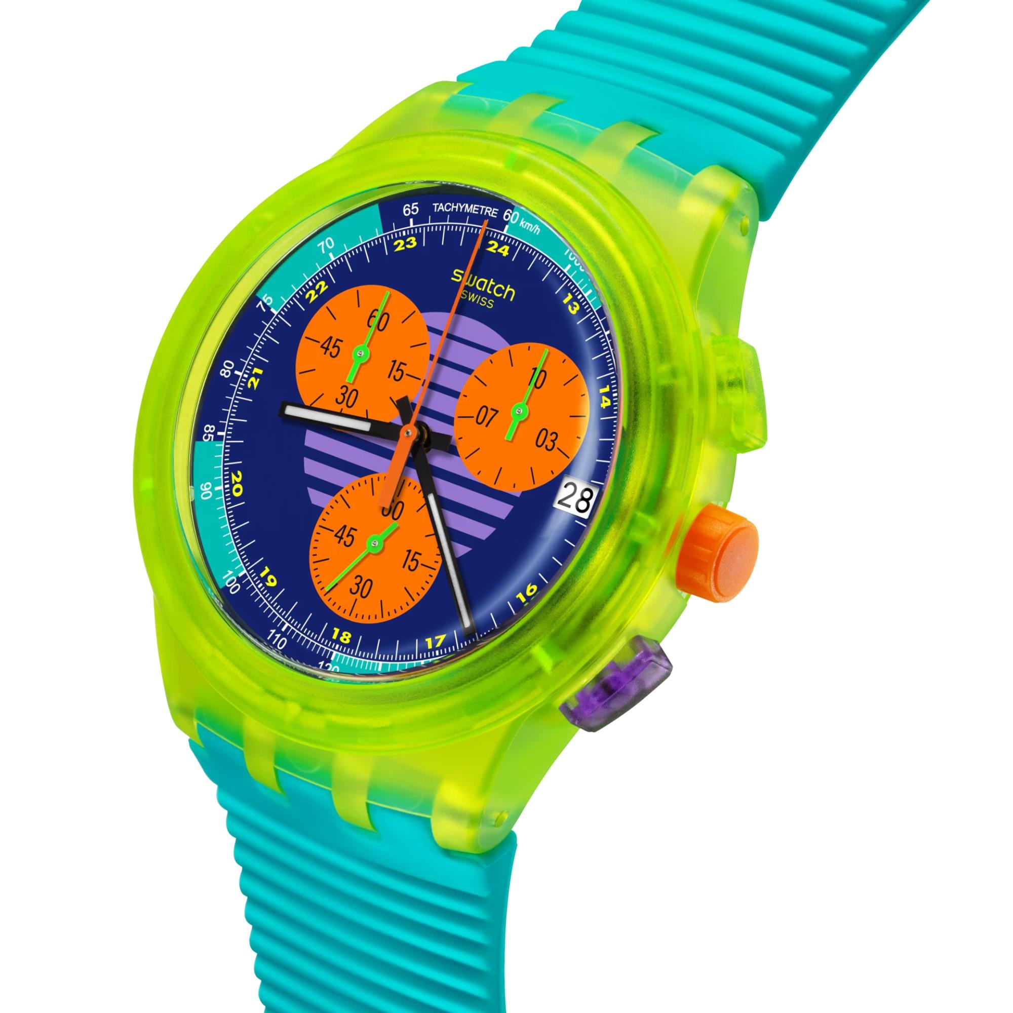 Swatch Neon Wave Multi-coloured Dial Chronograph Turquoise Silicone Strap Watch SUSJ404