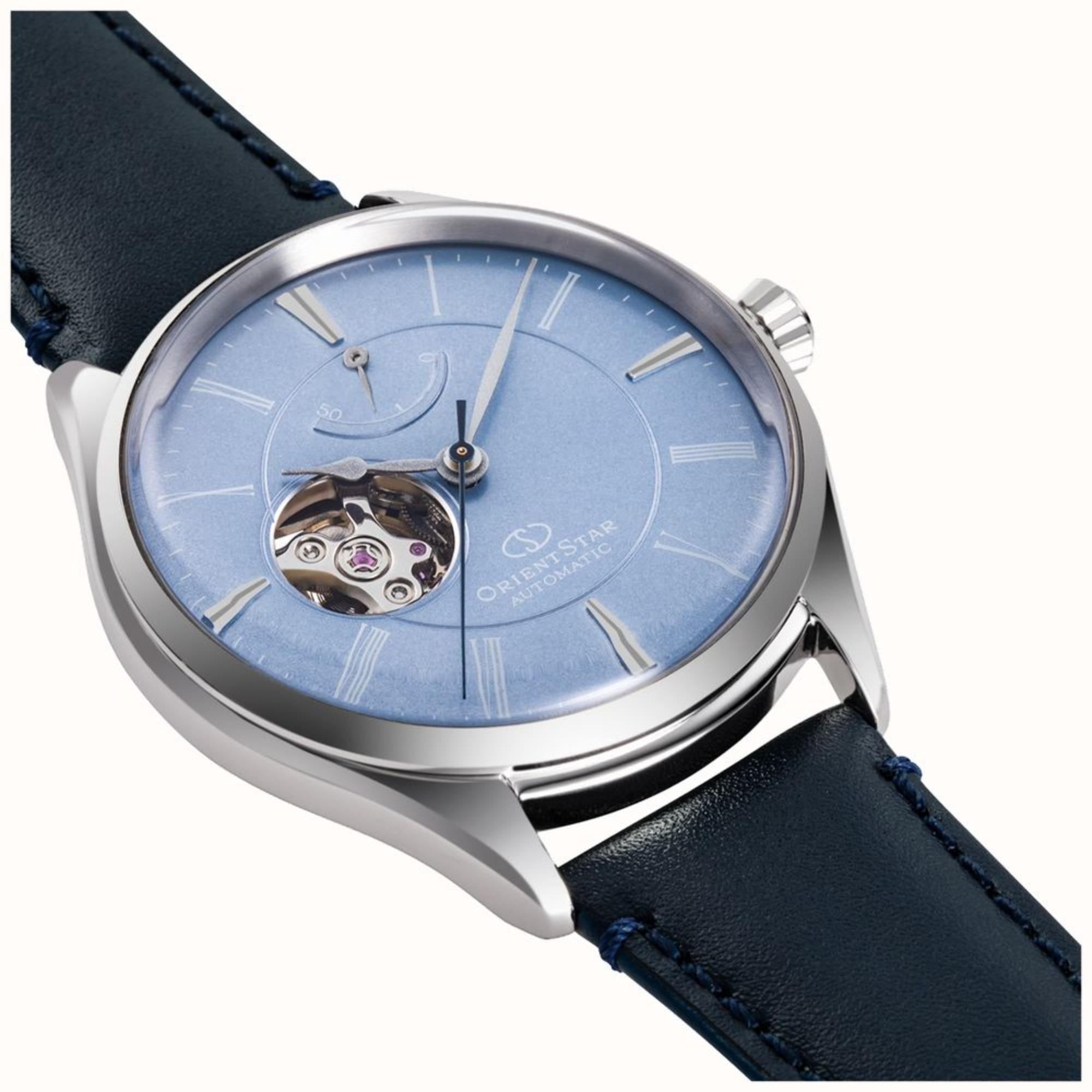 Orient Star Ex-Display Classic Semi-Skeleton Automatic Blue Dial Leather Strap Men's Watch RE-AT0203L00B-EX