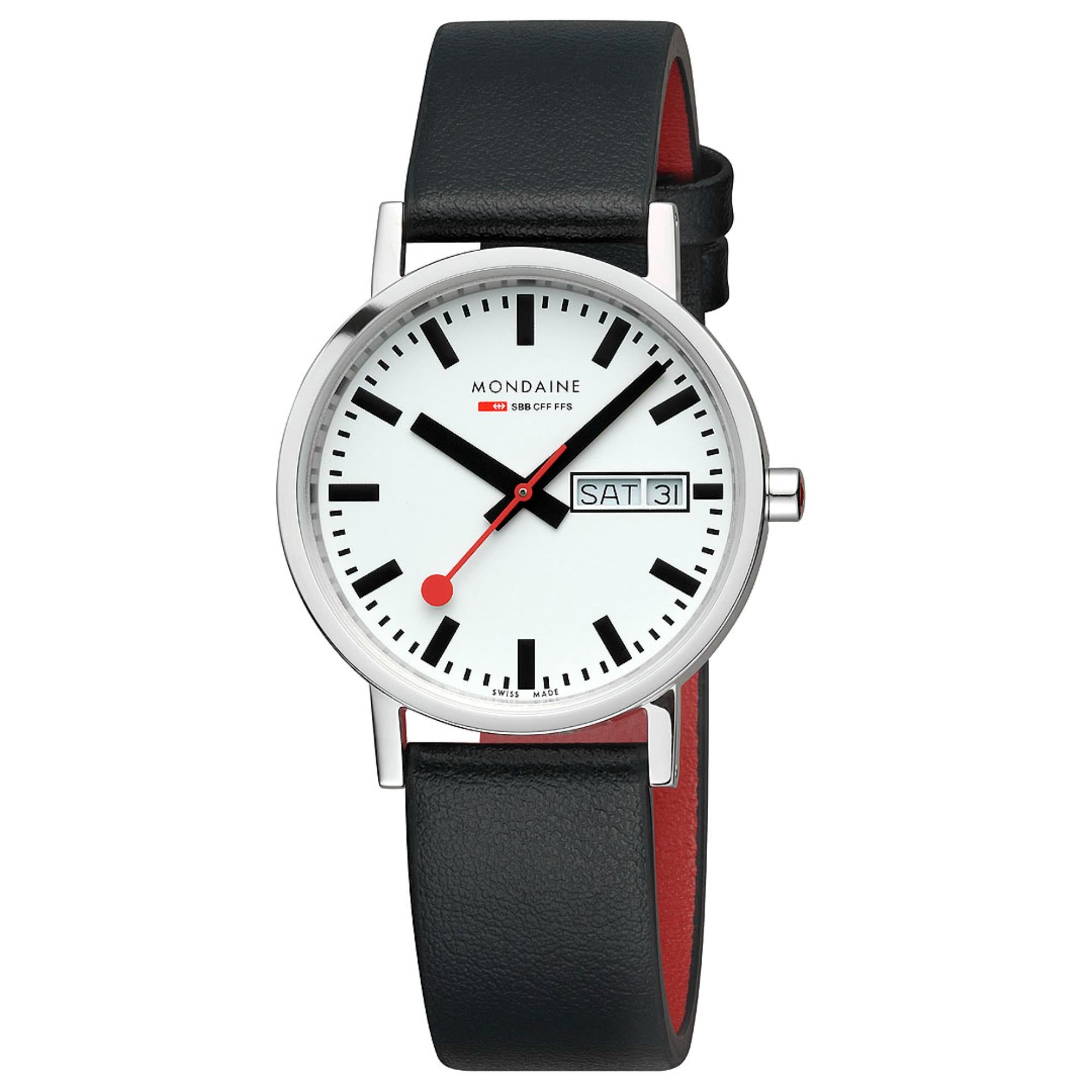 Mondaine Classic Day Date Black Vegan Grape Leather Strap White Dial Unisex Watch A667.30314.11SBBV