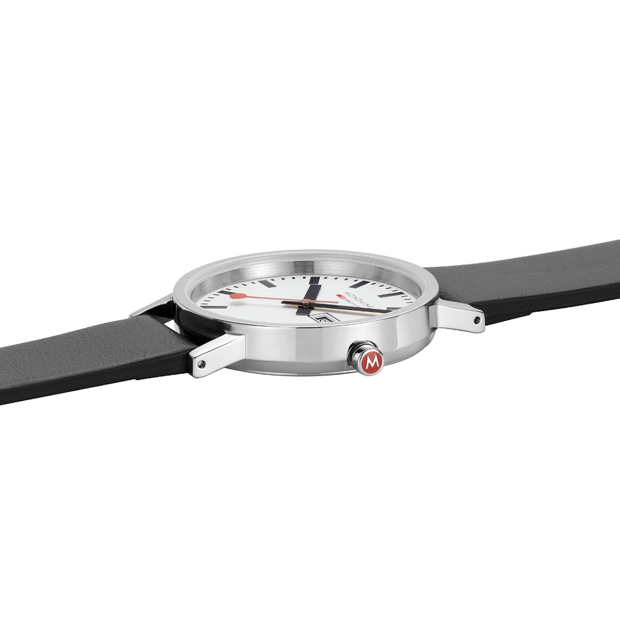 Mondaine Classic Day Date Black Vegan Grape Leather Strap White Dial Unisex Watch A667.30314.11SBBV