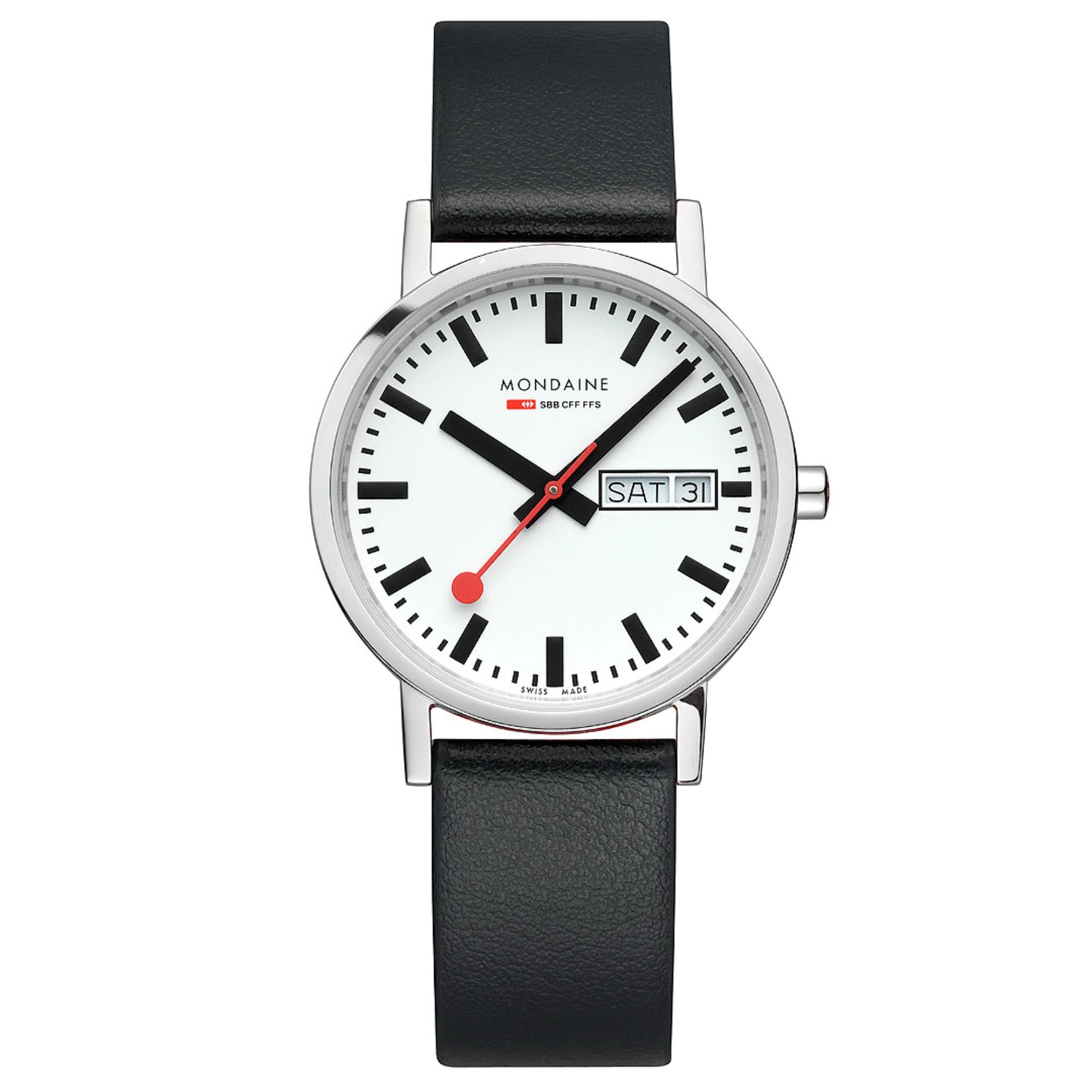 Mondaine Classic Day Date Black Vegan Grape Leather Strap White Dial Unisex Watch A667.30314.11SBBV