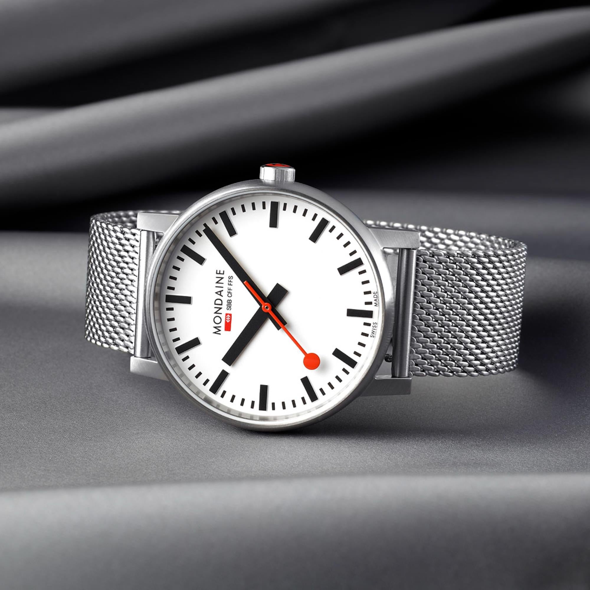 Mondaine evo2 White Dial Stainless Steel Mesh Bracelet Unisex Watch MSE.43110.SJ
