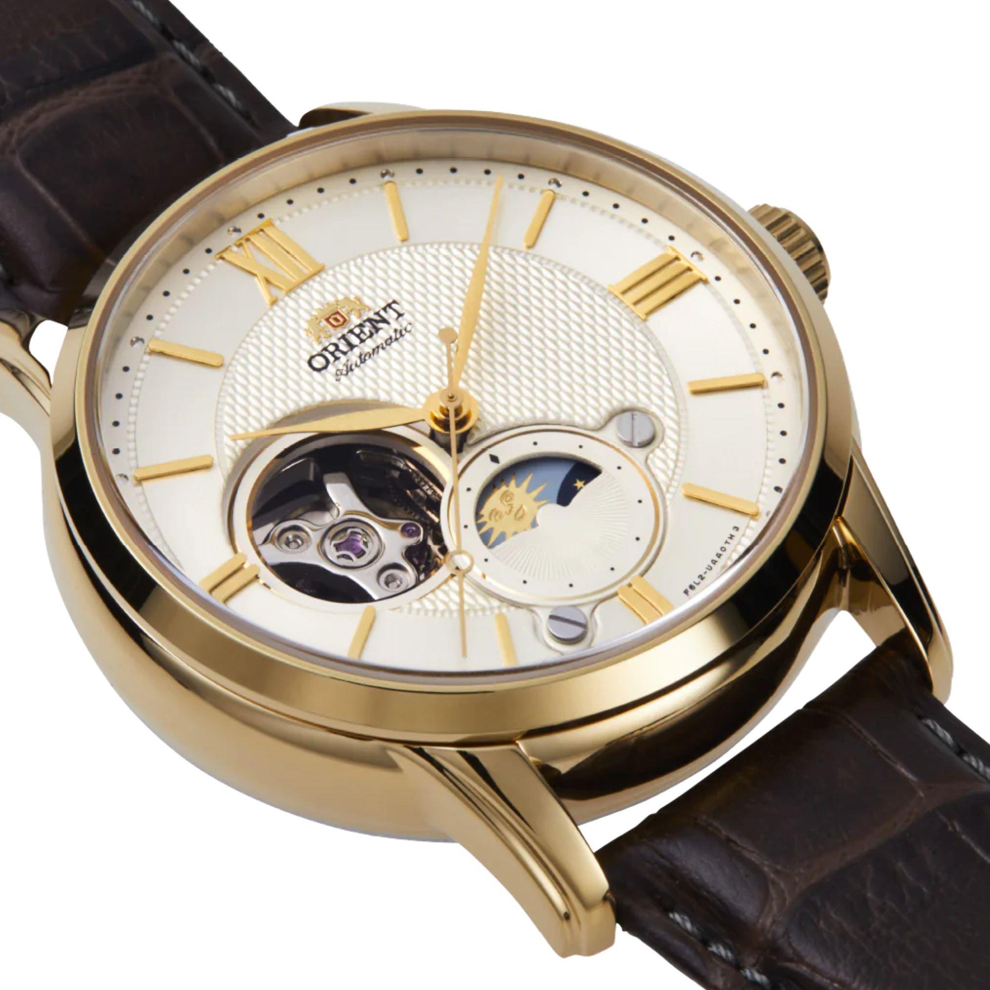 Orient Bambino Open Heart Sun & Moon Automatic White Dial Leather Strap Men’s Watch RA-AS0010S30B