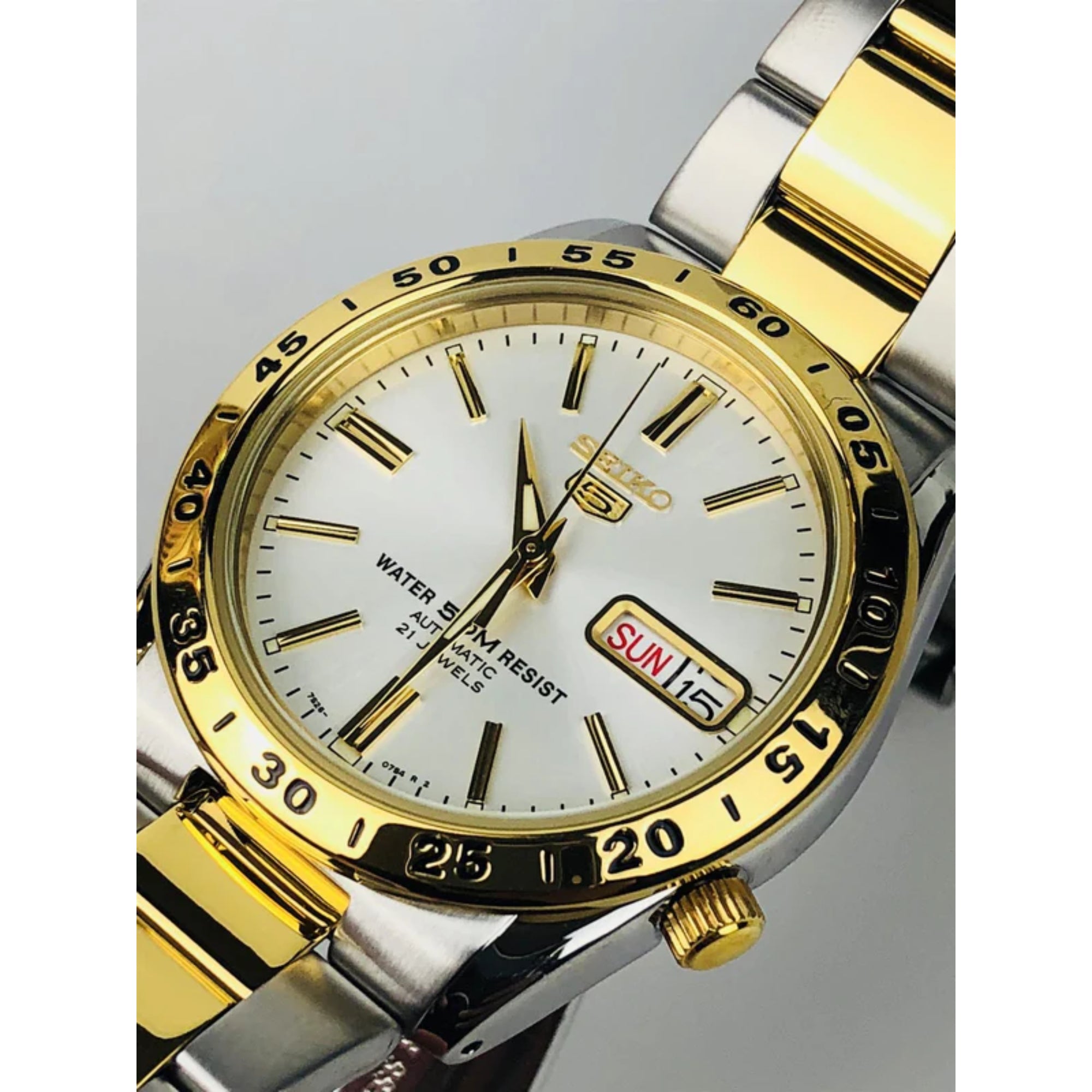 Seiko 5 Automatic White Dial Two Tone Gold/Silver Stainless Steel Men's Watch SNKE04K1