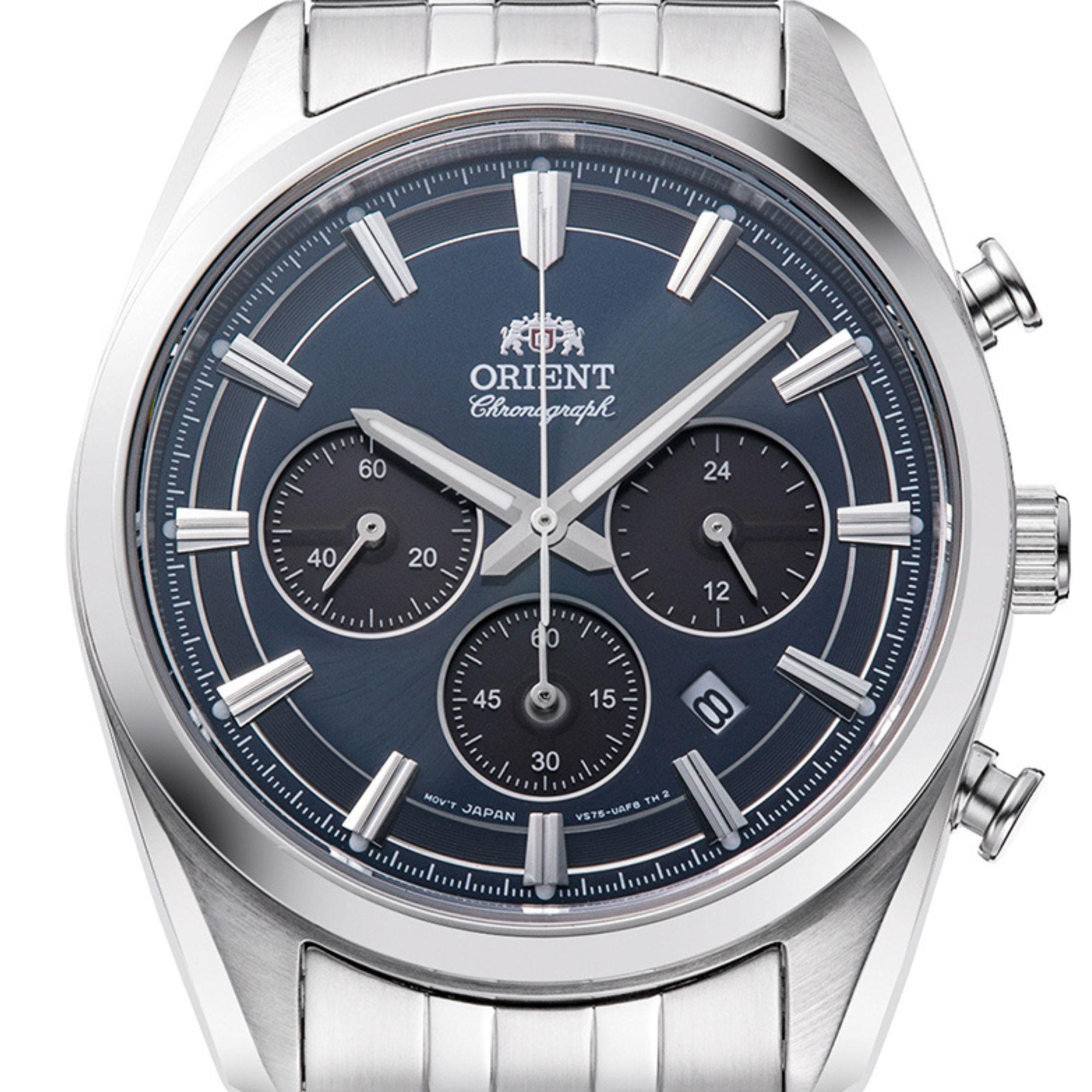 Orient Contemporary Stretto Date Solar Chronograph Navy Dial Steel Strap Men’s Watch RA-TX0303L10B