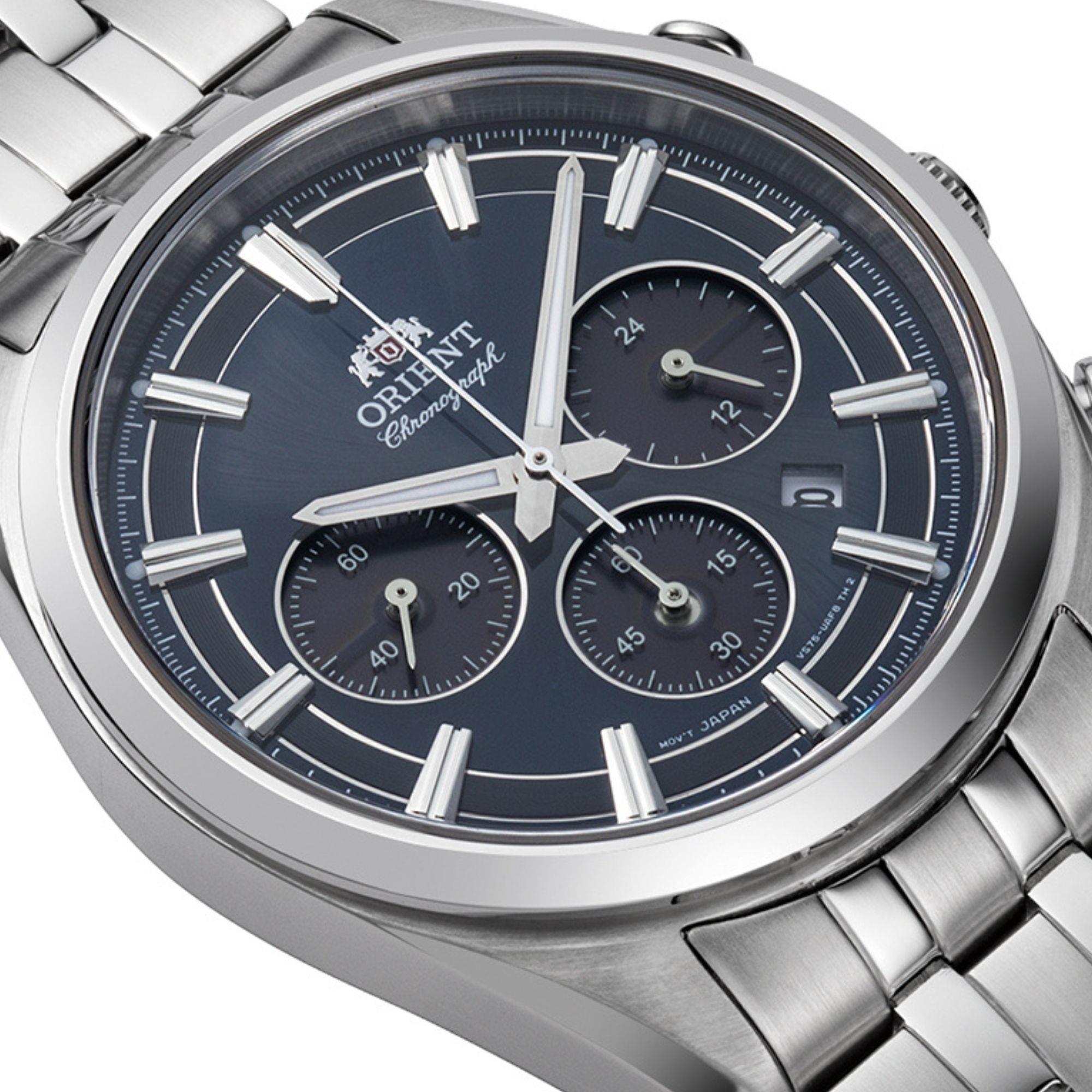 Orient Contemporary Stretto Date Solar Chronograph Navy Dial Steel Strap Men’s Watch RA-TX0303L10B