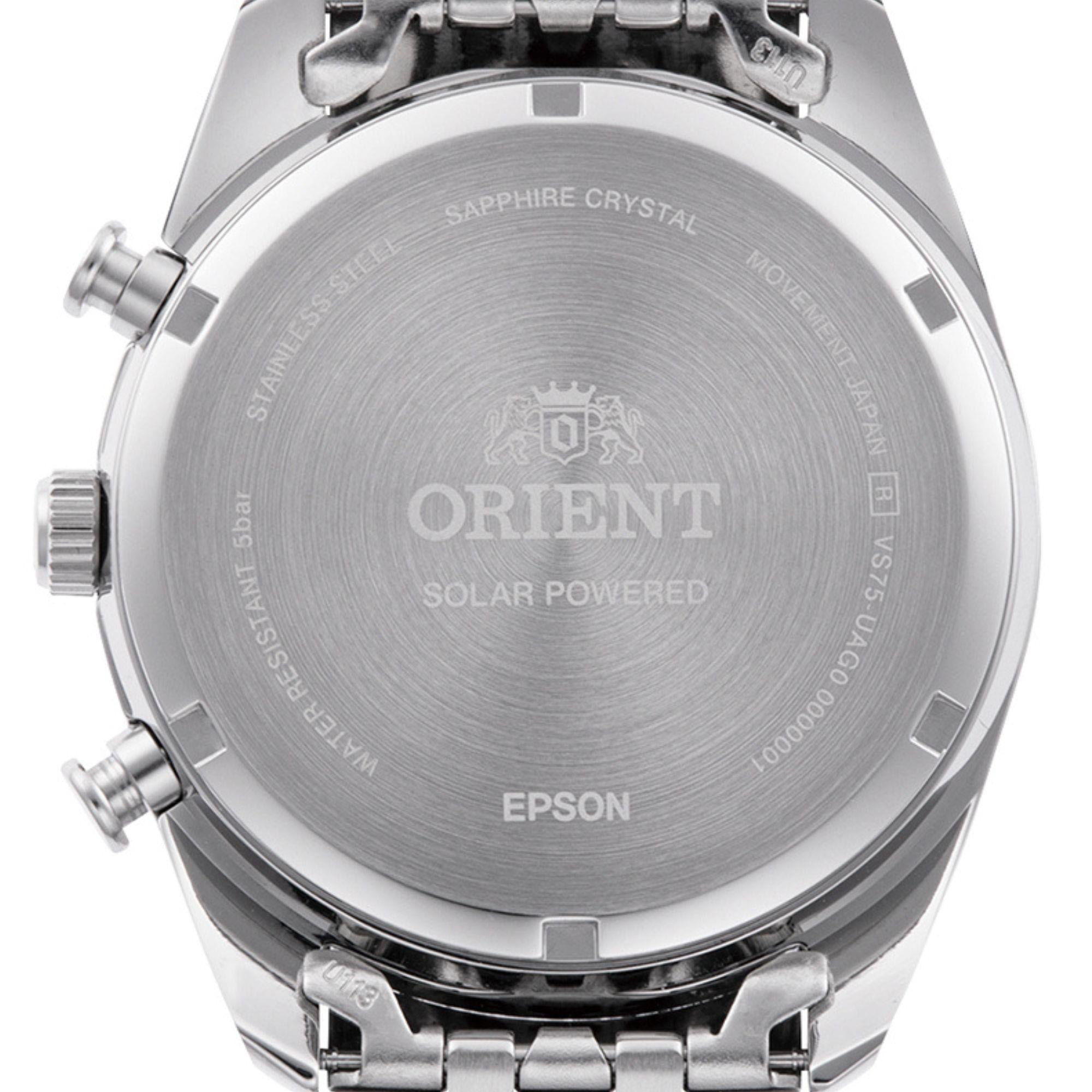 Orient Contemporary Stretto Date Solar Chronograph White Dial Steel Strap Men’s Watch RA-TX0305S10B