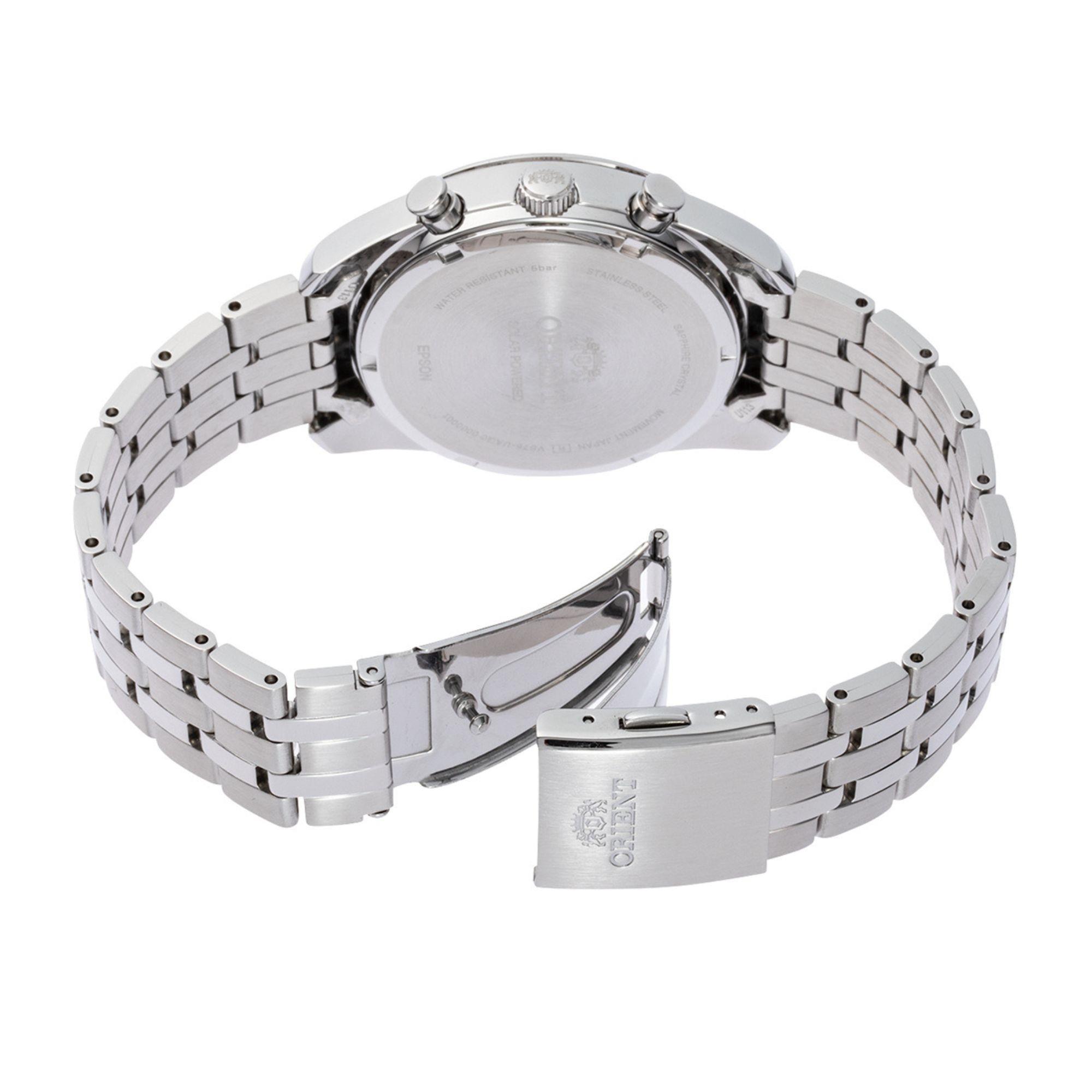 Orient Contemporary Stretto Date Solar Chronograph White Dial Steel Strap Men’s Watch RA-TX0305S10B