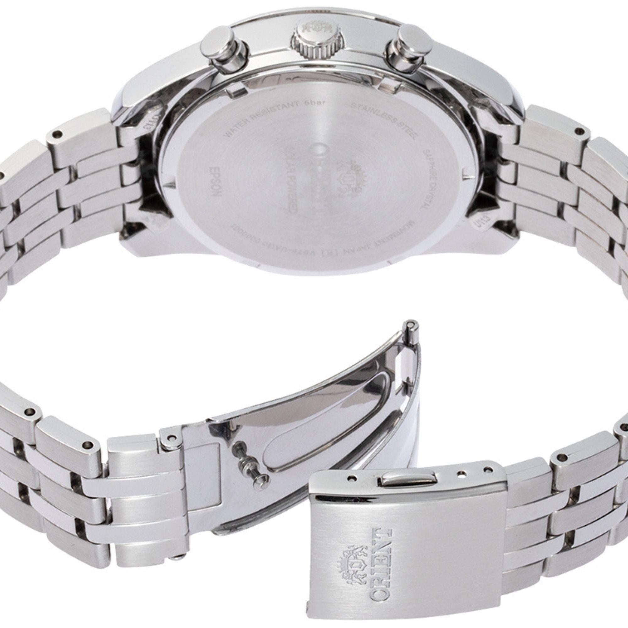 Orient Contemporary Stretto Date Solar Chronograph White Dial Steel Strap Men’s Watch RA-TX0305S10B