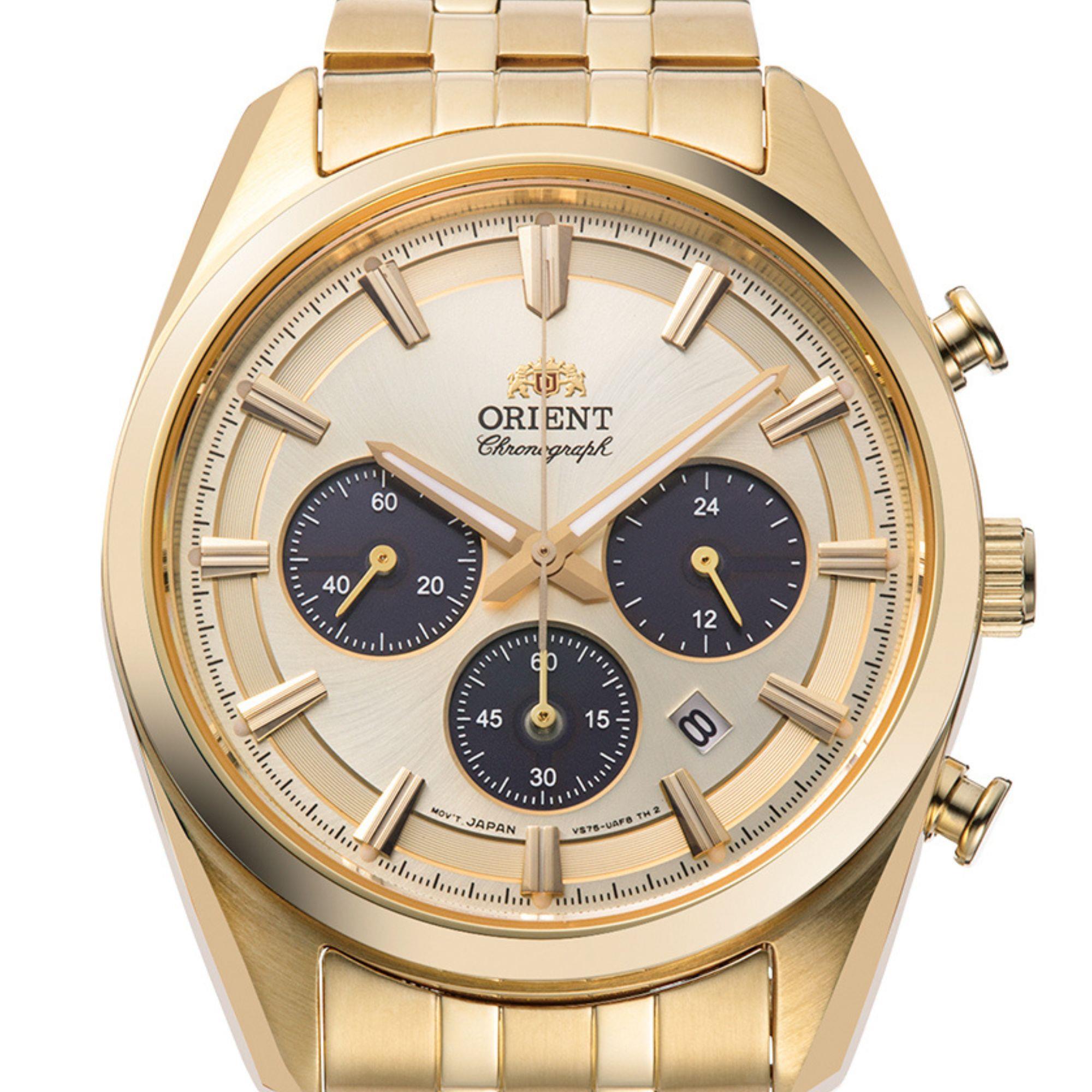 Orient Contemporary Stretto Date Solar Chronograph Champagne Dial Steel Strap Men’s Watch RA-TX0301G10B