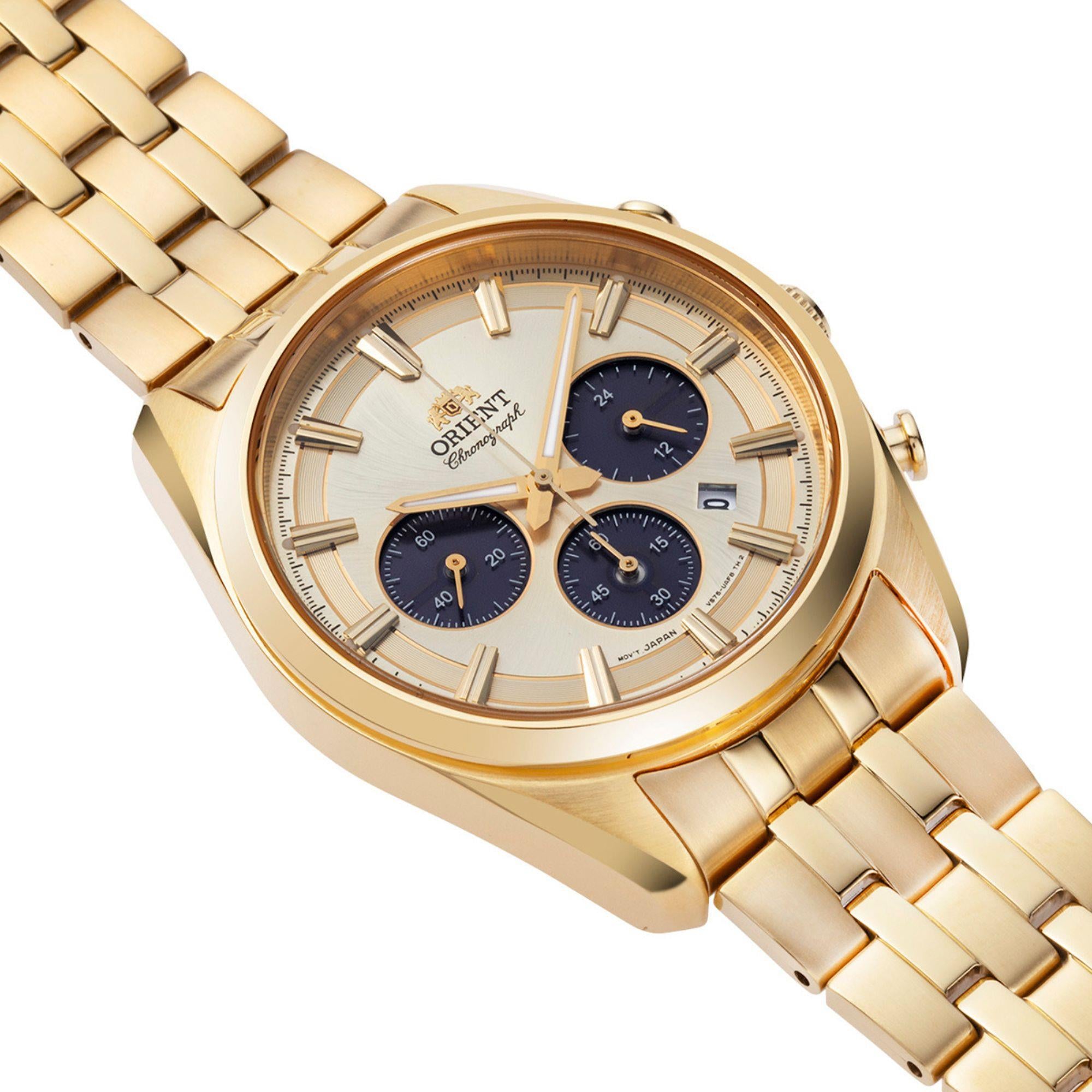 Orient Contemporary Stretto Date Solar Chronograph Champagne Dial Steel Strap Men’s Watch RA-TX0301G10B