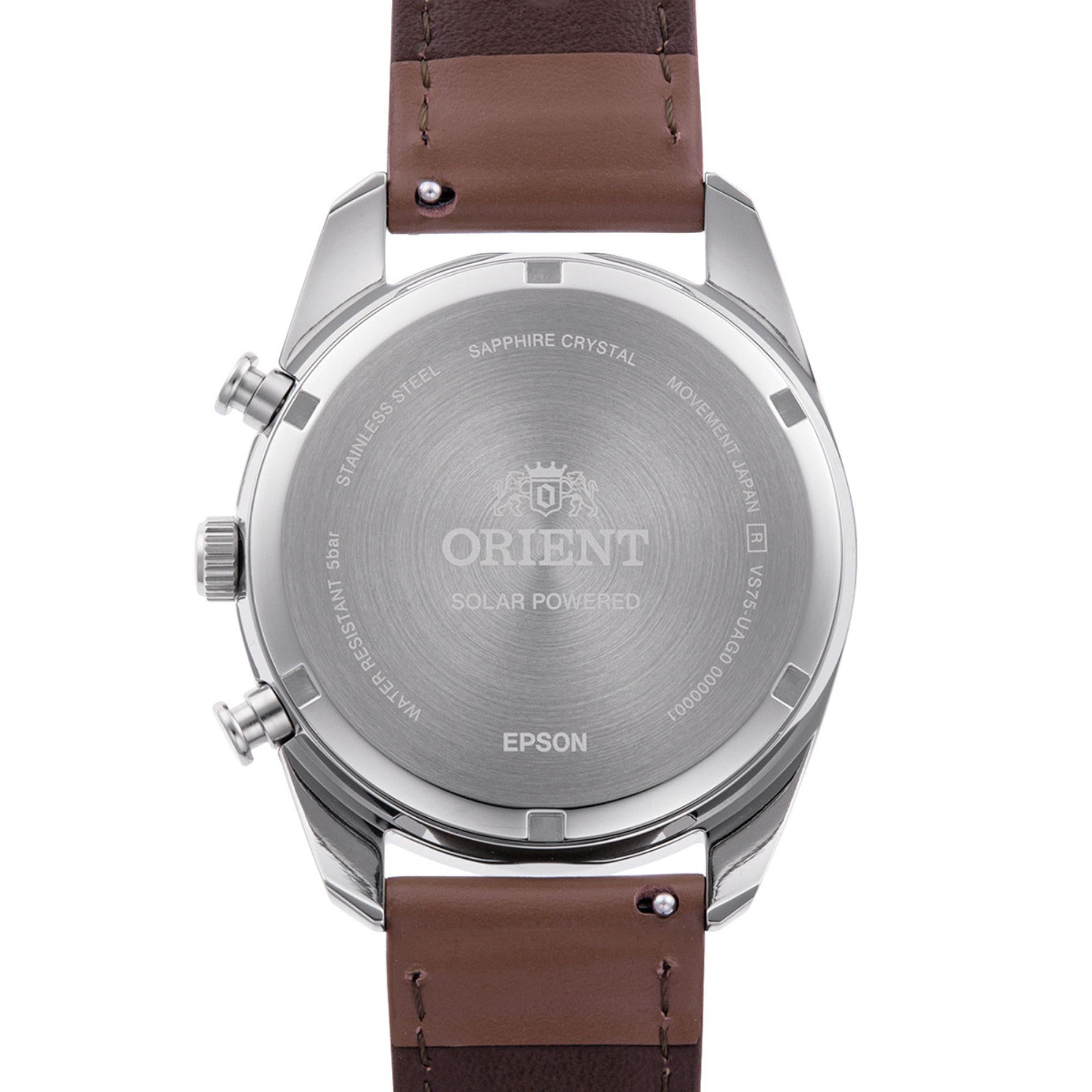 Orient Contemporary Stretto Date Solar Chronograph White Dial Brown Leather Strap Men’s Watch RA-TX0306S10B