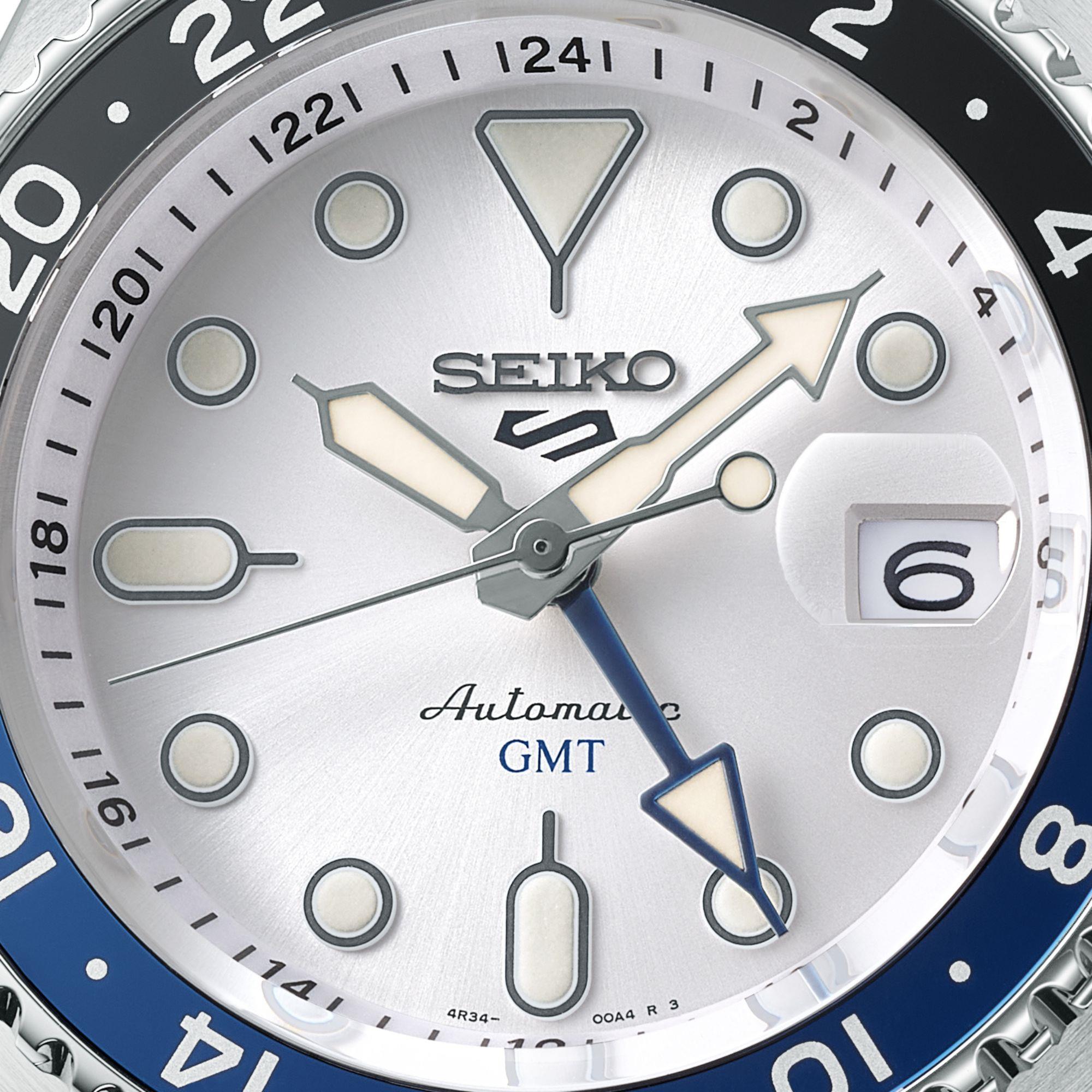 Seiko 5 Sports SKX GMT Sky Blue Silver Cloud Automatic White Dial Steel Bracelet Men’s Watch SSK033K1
