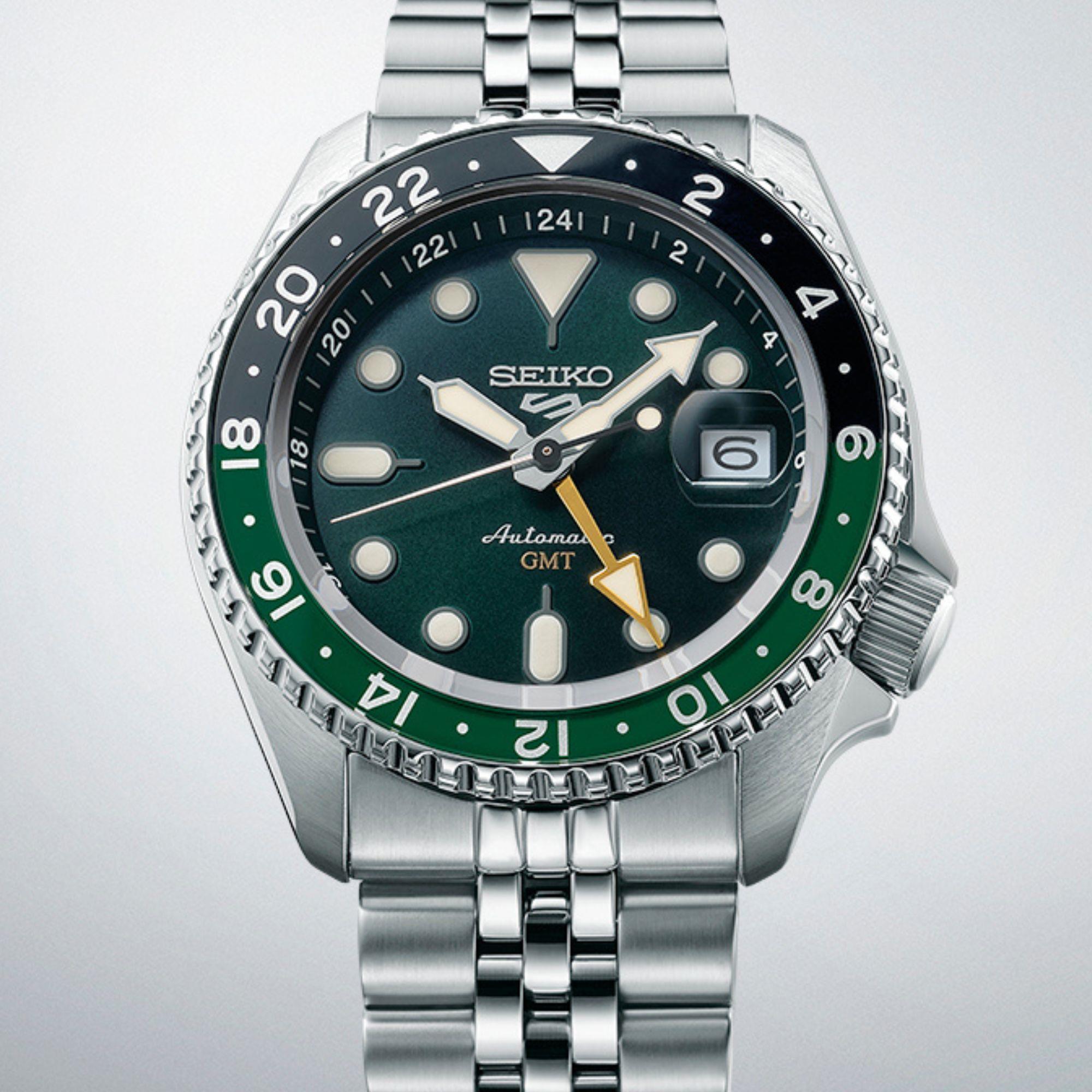 Seiko 5 Sports SKX GMT Sprite Green Automatic Green Dial Steel Bracelet Men’s Watch SSK035K1