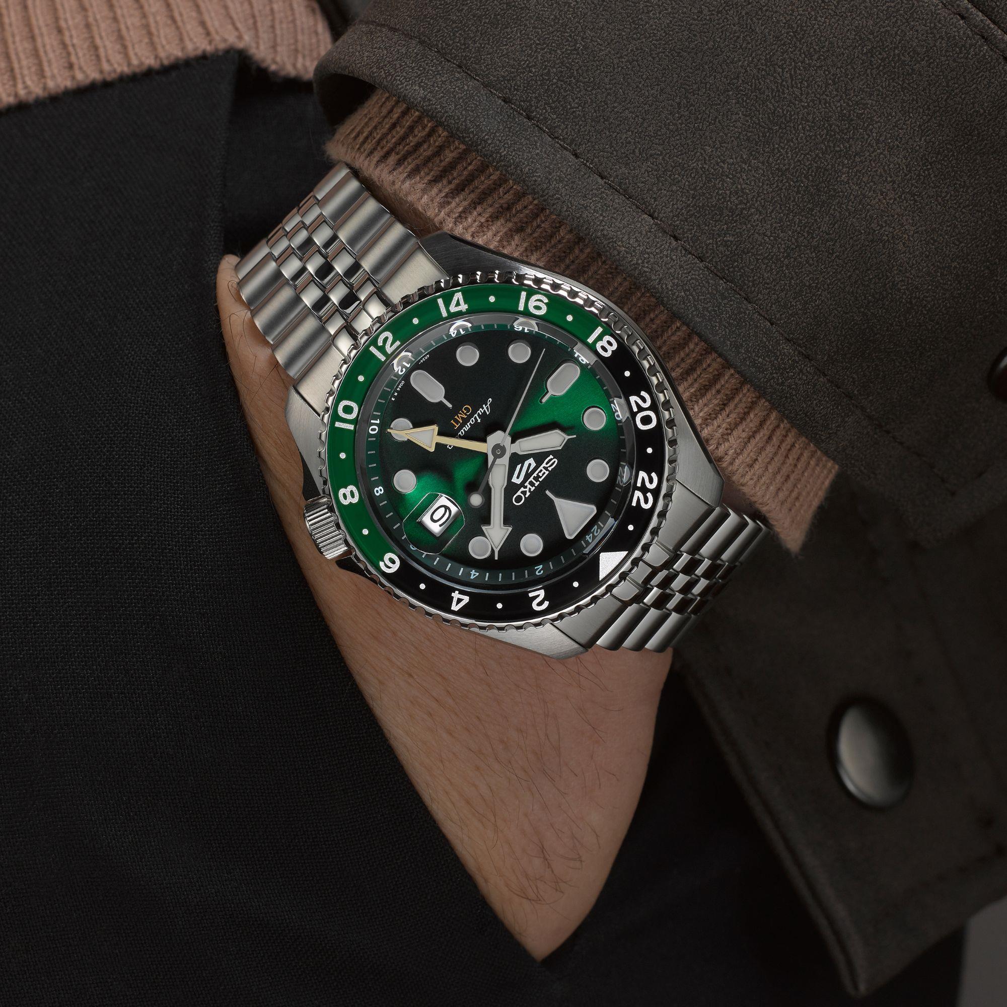 Seiko 5 Sports SKX GMT Sprite Green Automatic Green Dial Steel Bracelet Men’s Watch SSK035K1