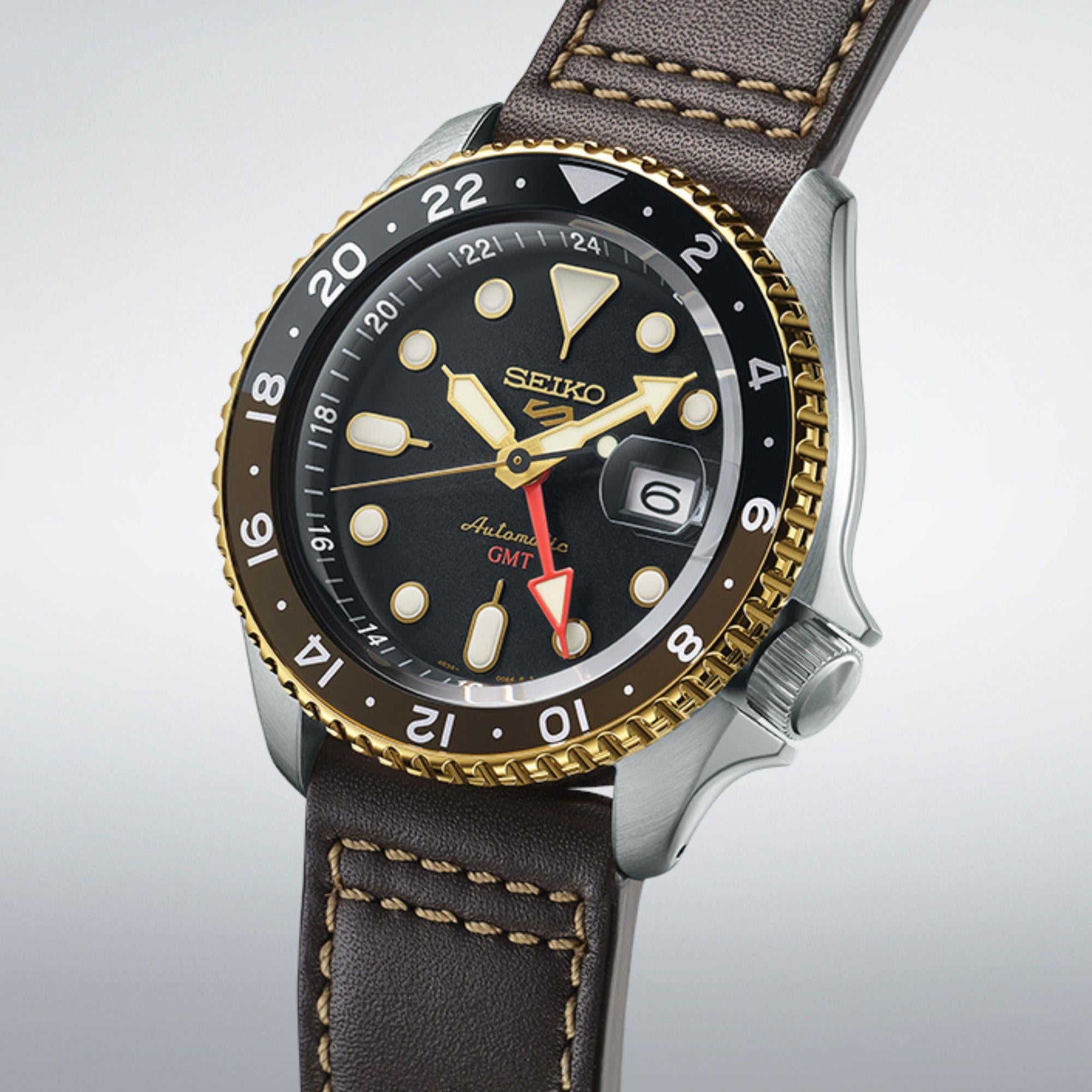 Seiko 5 Sports SKX GMT Mocha Automatic Black Dial Brown Leather Strap Men’s Watch SSK036K1