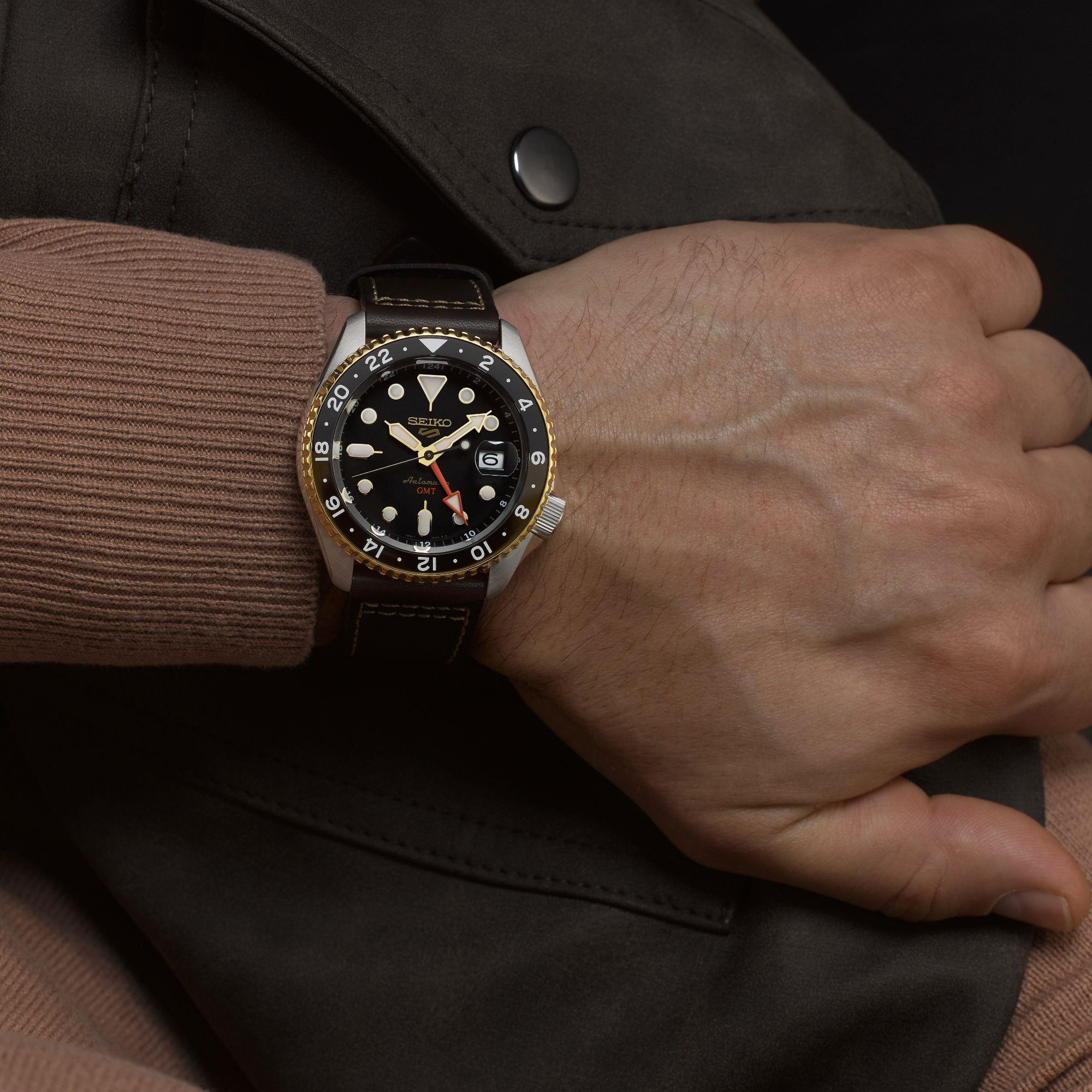 Seiko 5 Sports SKX GMT Mocha Automatic Black Dial Brown Leather Strap Men’s Watch SSK036K1
