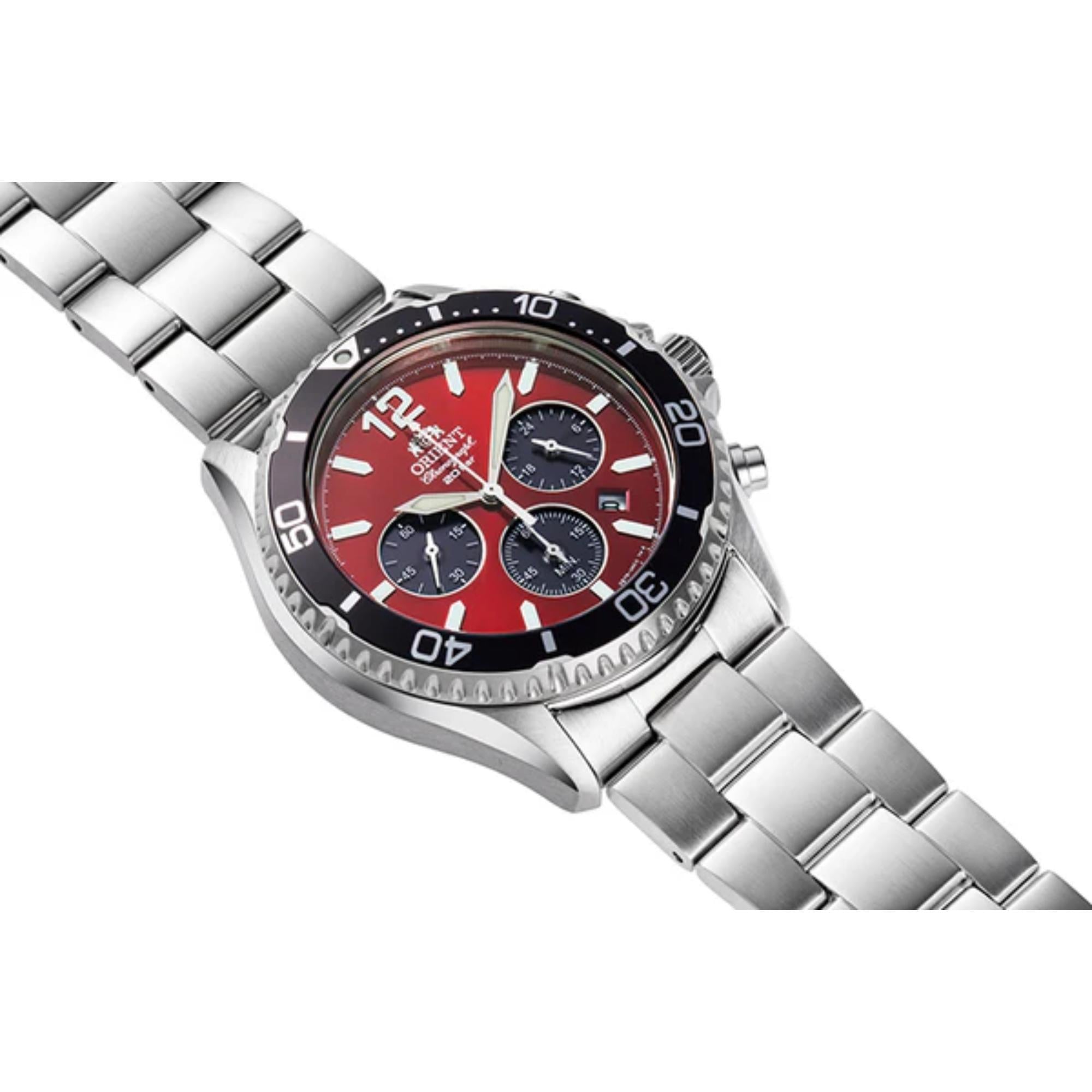 Orient Mako Solar Quartz Red Dial Steel Strap Men’s Dive Watch RA-TX0207R10B