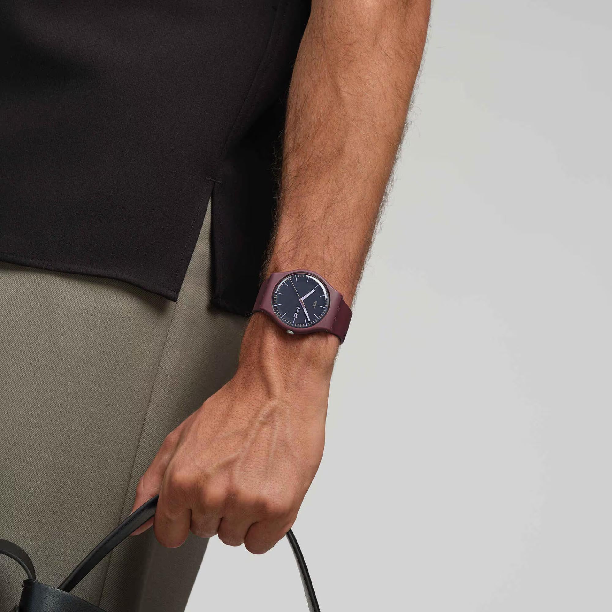 Swatch BURGUNDY BERRY Quartz Grey Dial Silicone Strap Men’s Watch SO29R707