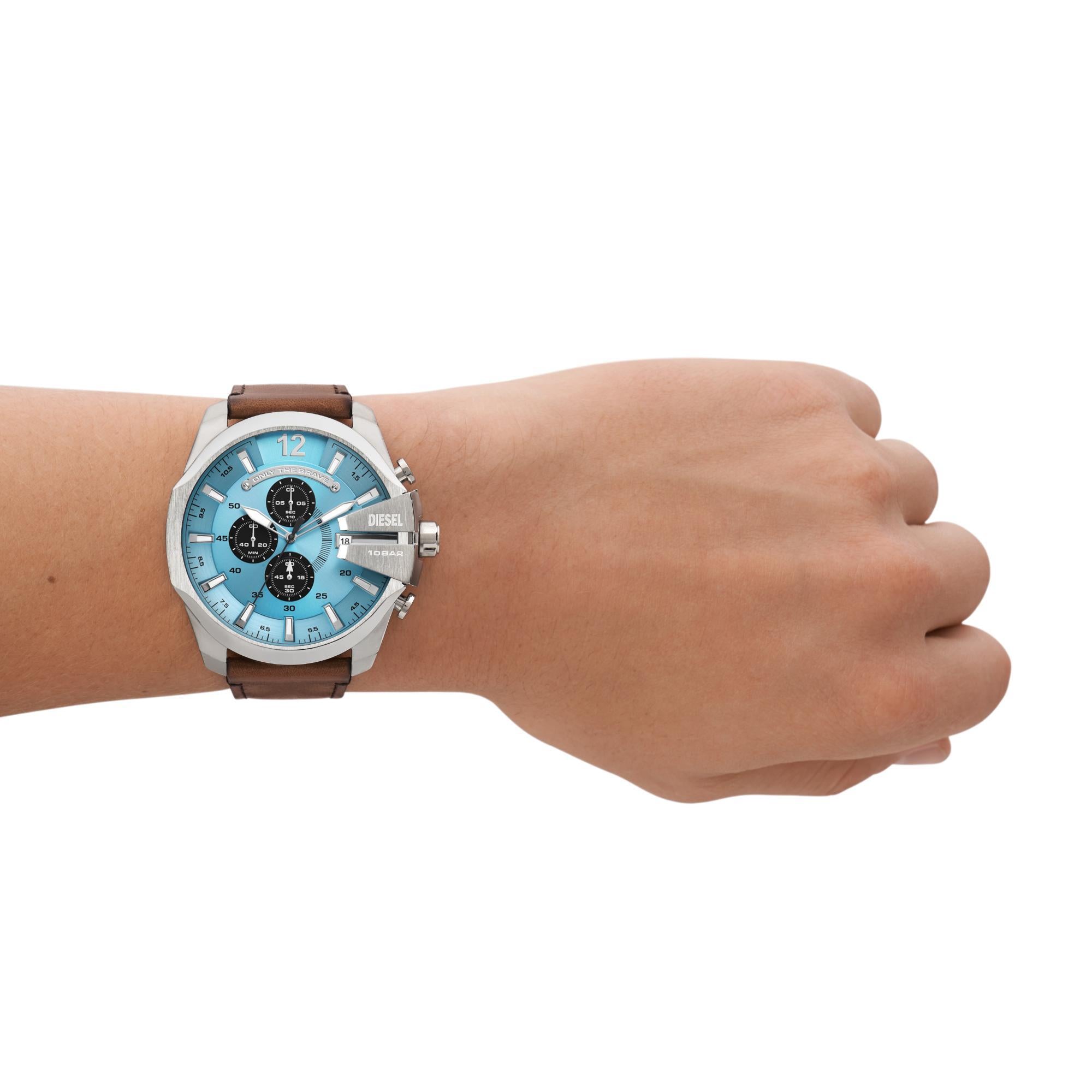 Diesel Mega Chief Chronograph Brown Leather Blue Dial Men's Watch DZ4657