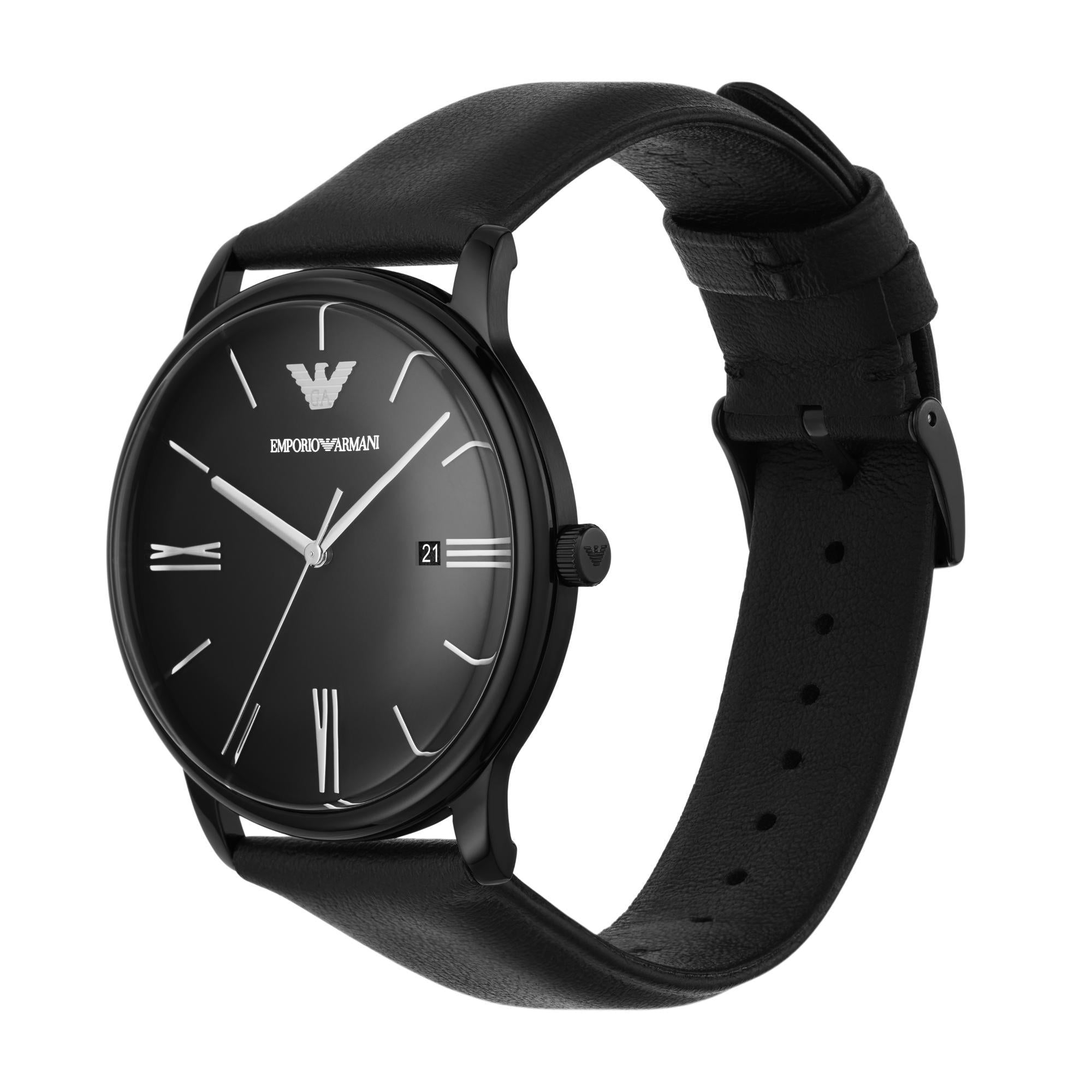 Emporio Armani Three-Hand Date Black Leather Watch Men’s AR11573