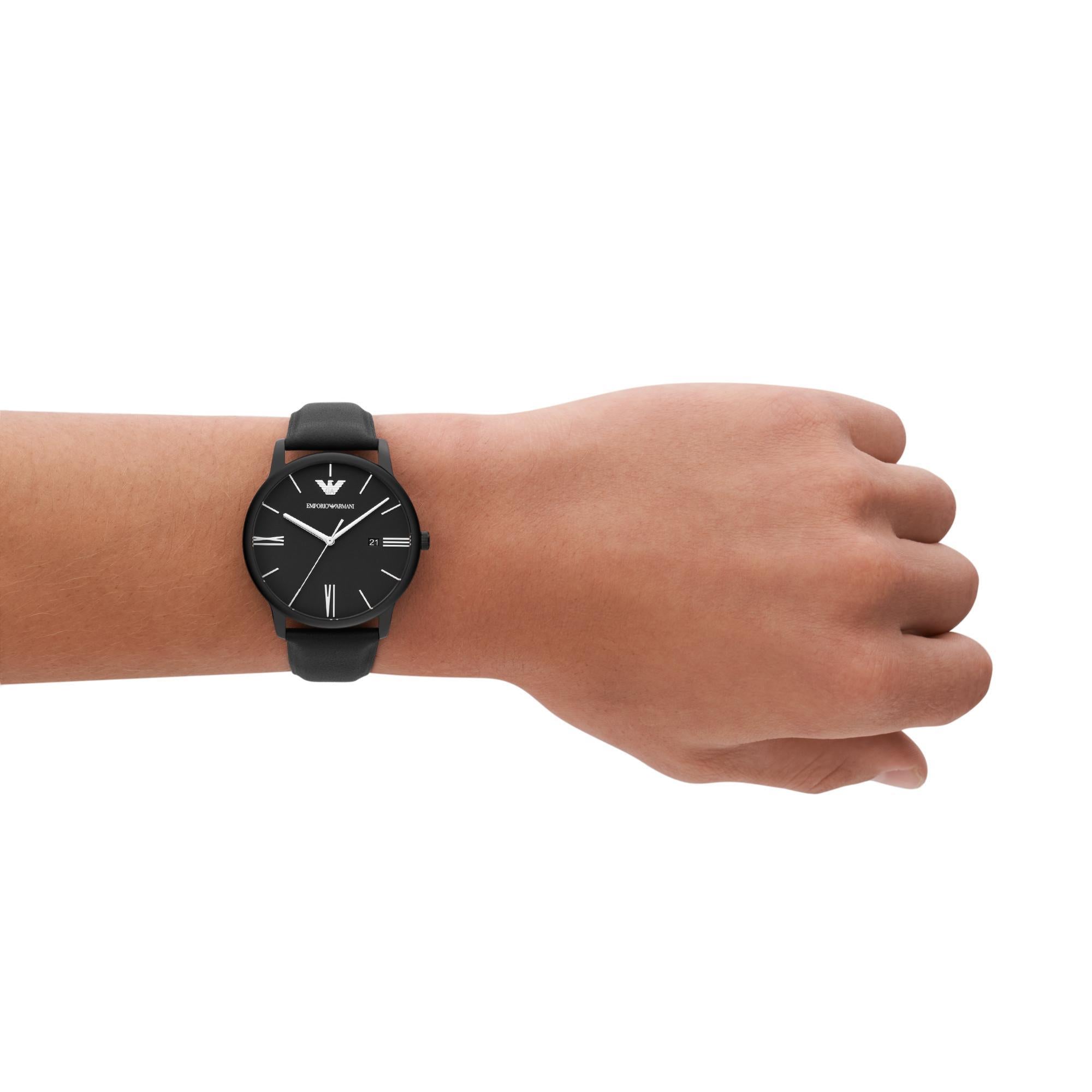 Emporio Armani Three-Hand Date Black Leather Watch Men’s AR11573