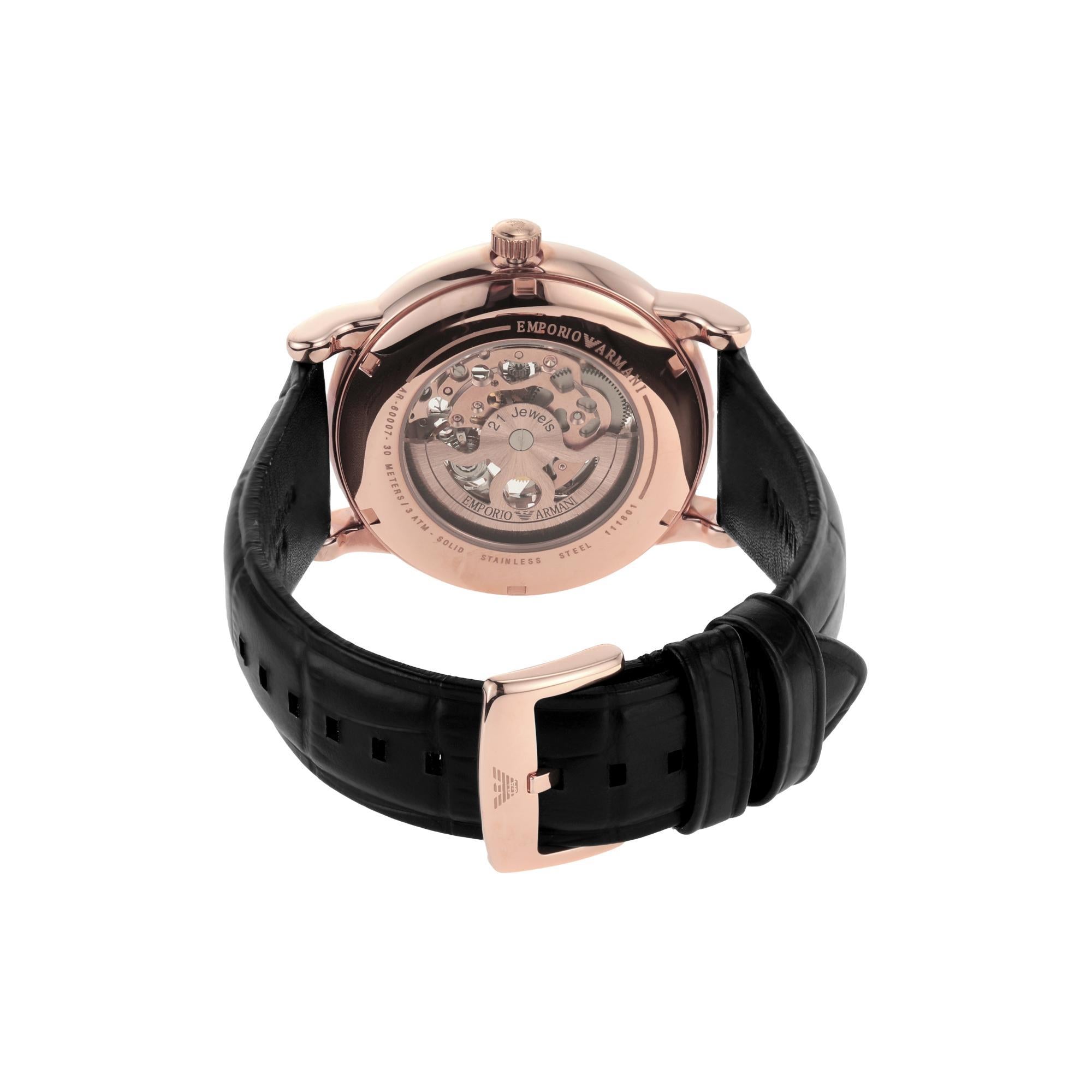 Emporio Armani Automatic Black Leather Rose Gold Silver Dial Men's Watch AR60007