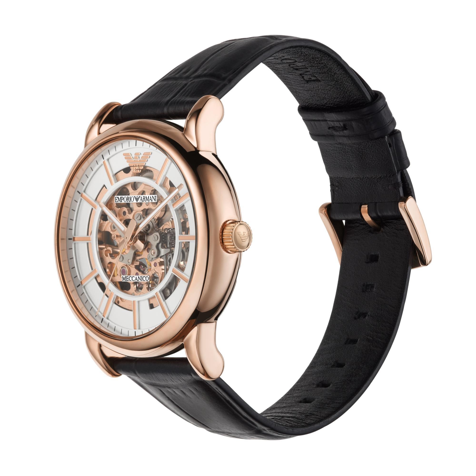 Emporio Armani Automatic Black Leather Rose Gold Silver Dial Men's Watch AR60007